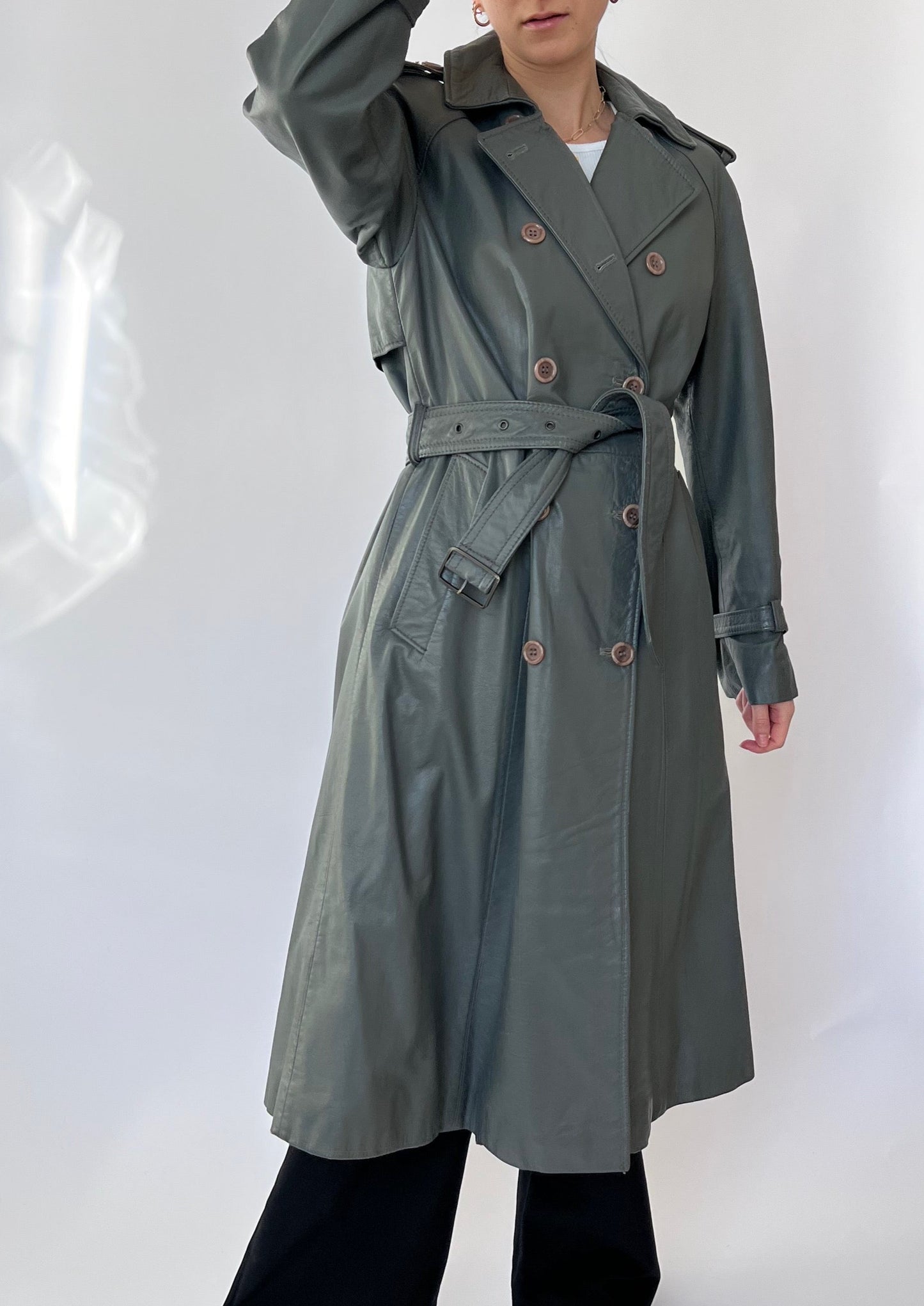 70s Grey Leather Trench Coat XS/S/M