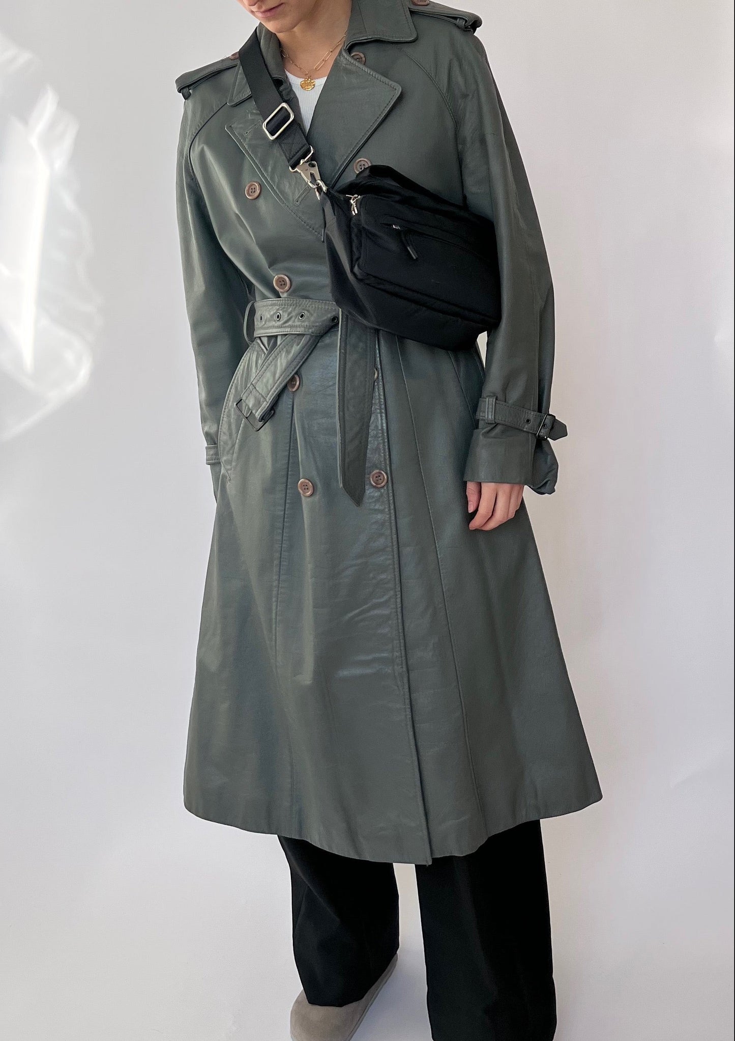 70s Grey Leather Trench Coat XS/S/M