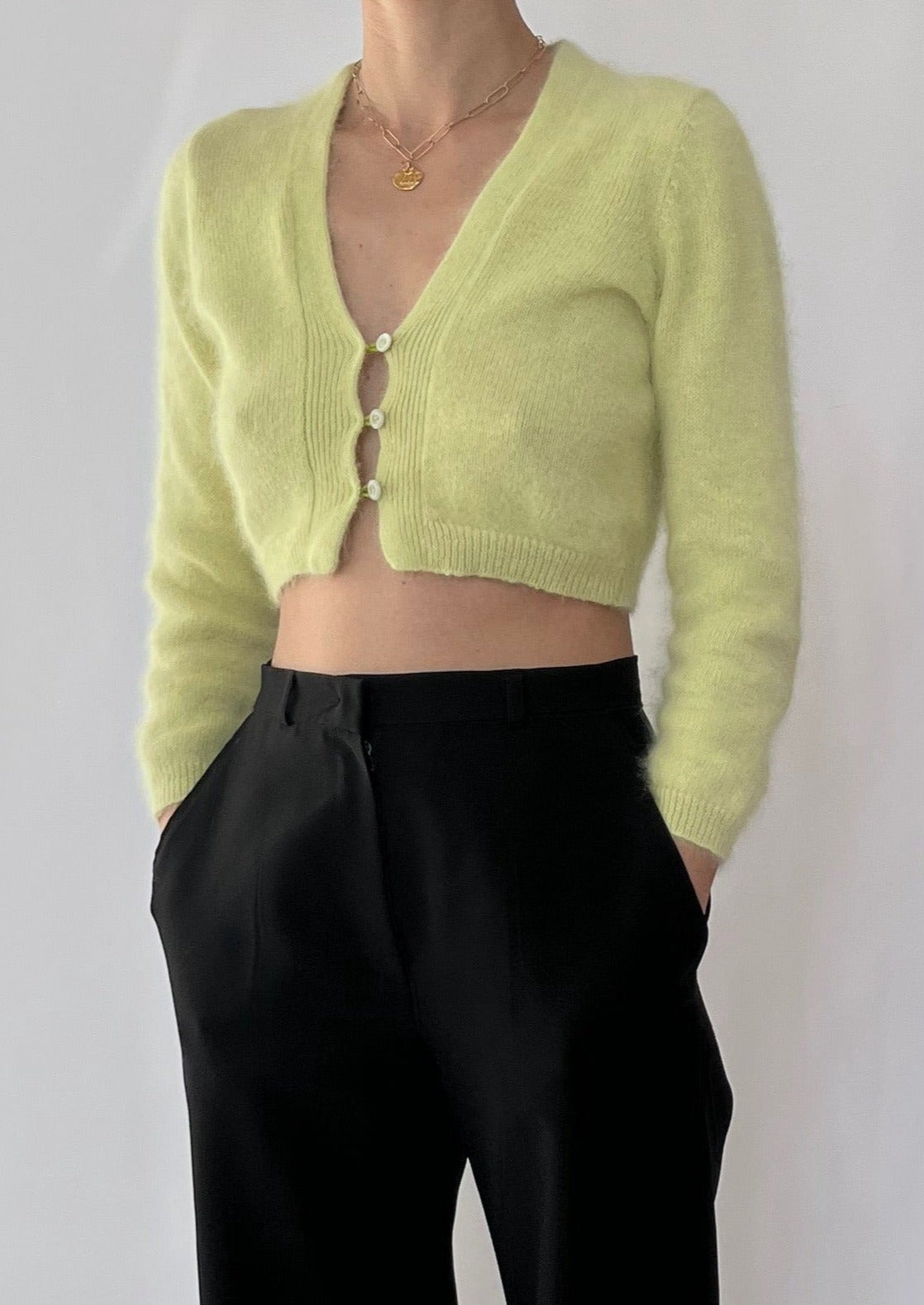 Cropped Lime Open Angora Cardigan XS/S