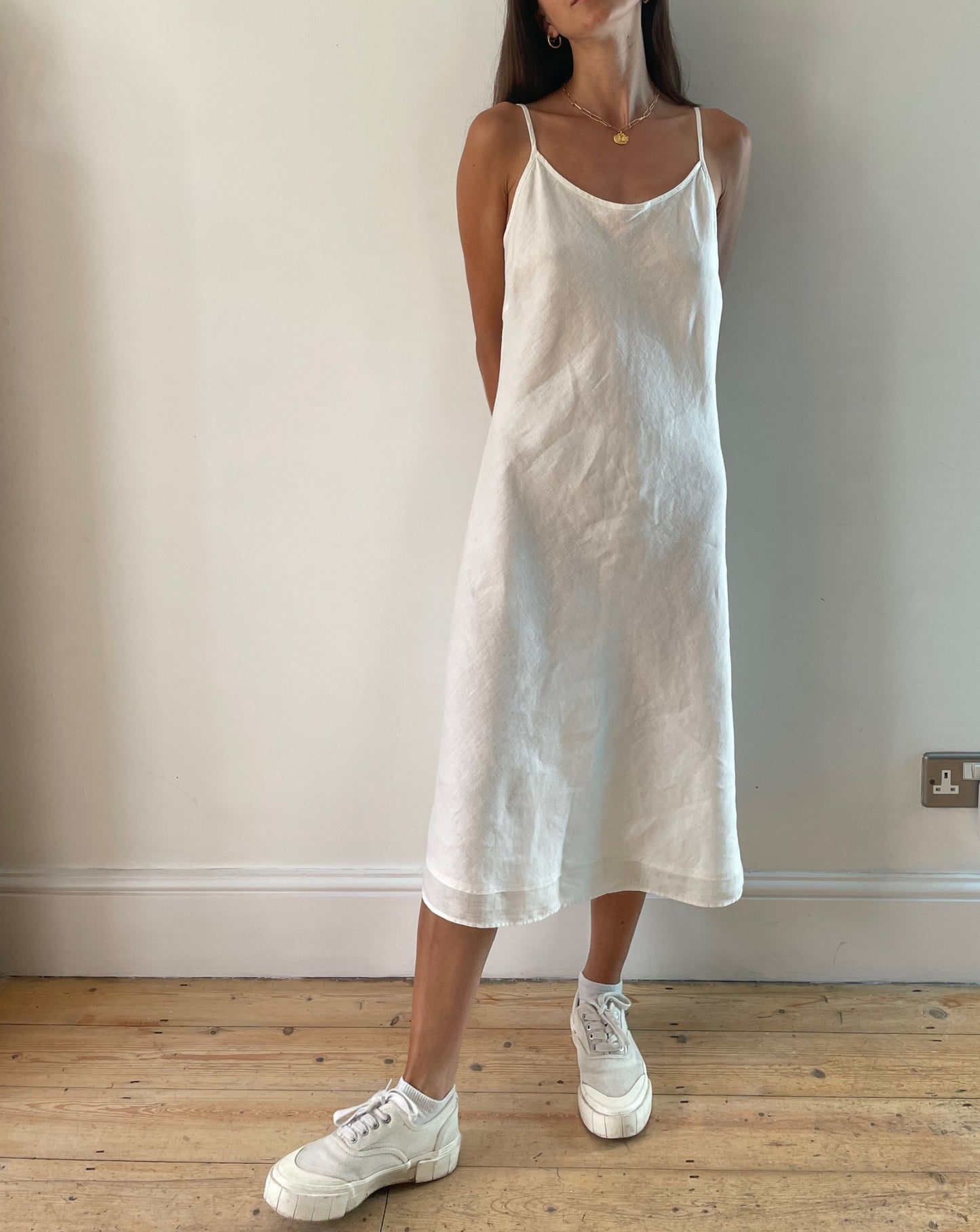 White Minimalist Linen Slip Dress Size S-M