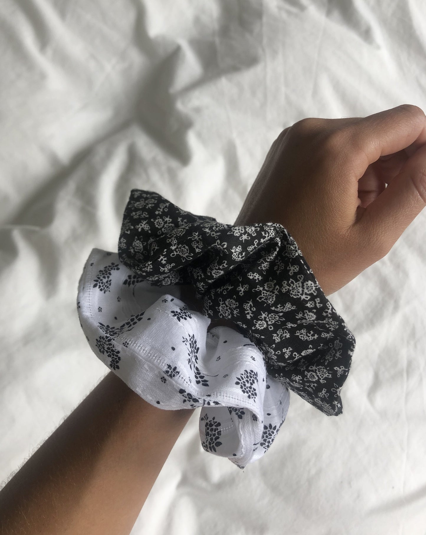 White Ditsy Floral Cotton Handmade Upcycled Oversized Scrunchie