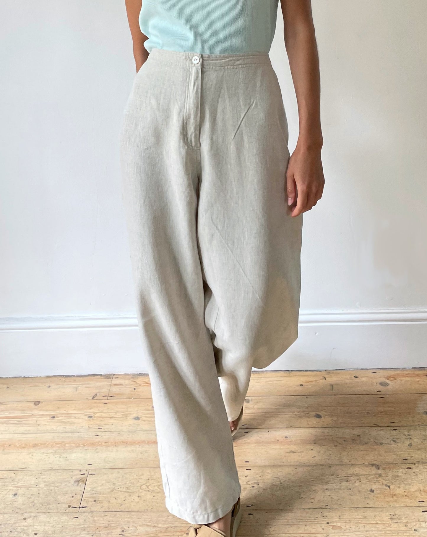 Vintage Linen Neutral Wide Leg Trousers Size M