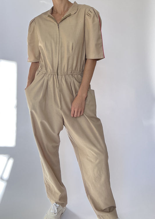 Vintage Neutral Puff Sleeve Jumpsuit S/M