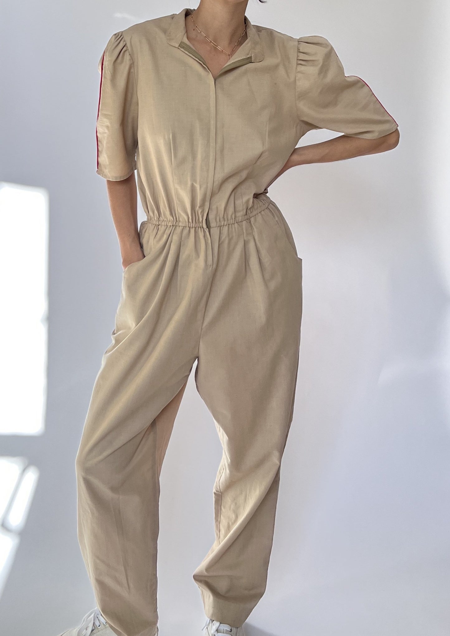 Vintage Neutral Puff Sleeve Jumpsuit S/M