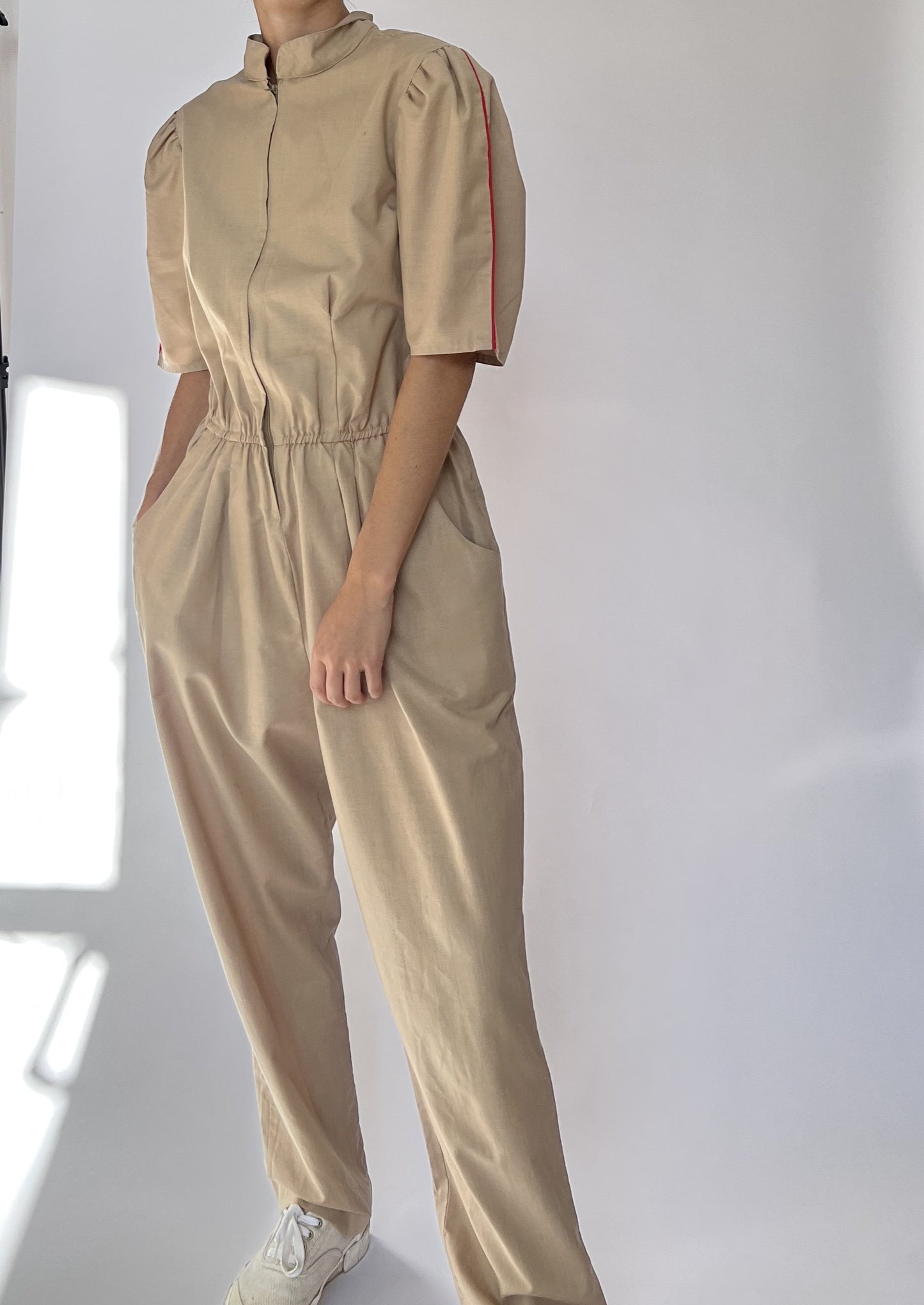 Vintage Neutral Puff Sleeve Jumpsuit S/M