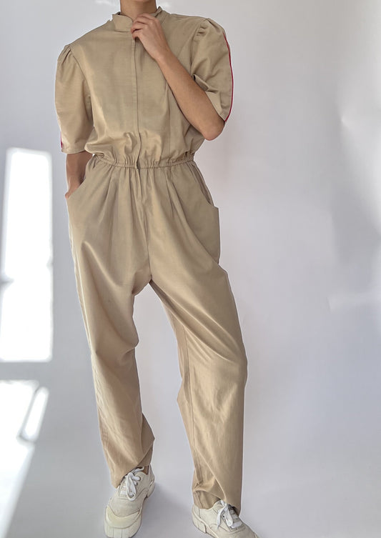 Vintage Neutral Puff Sleeve Jumpsuit S/M