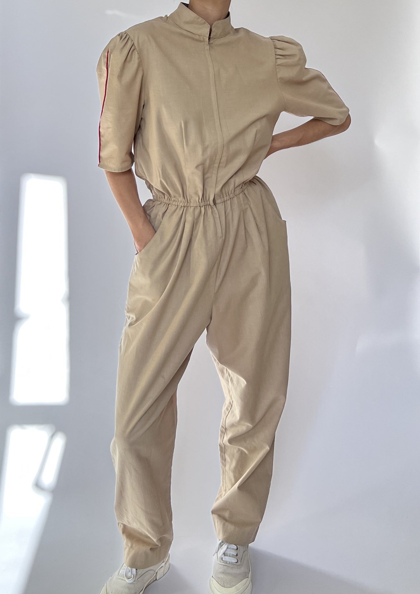 Vintage Neutral Puff Sleeve Jumpsuit S/M