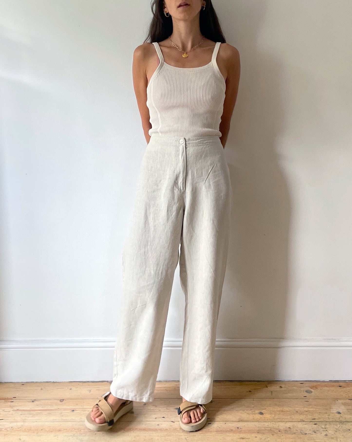 Vintage Linen Neutral Wide Leg Trousers Size M