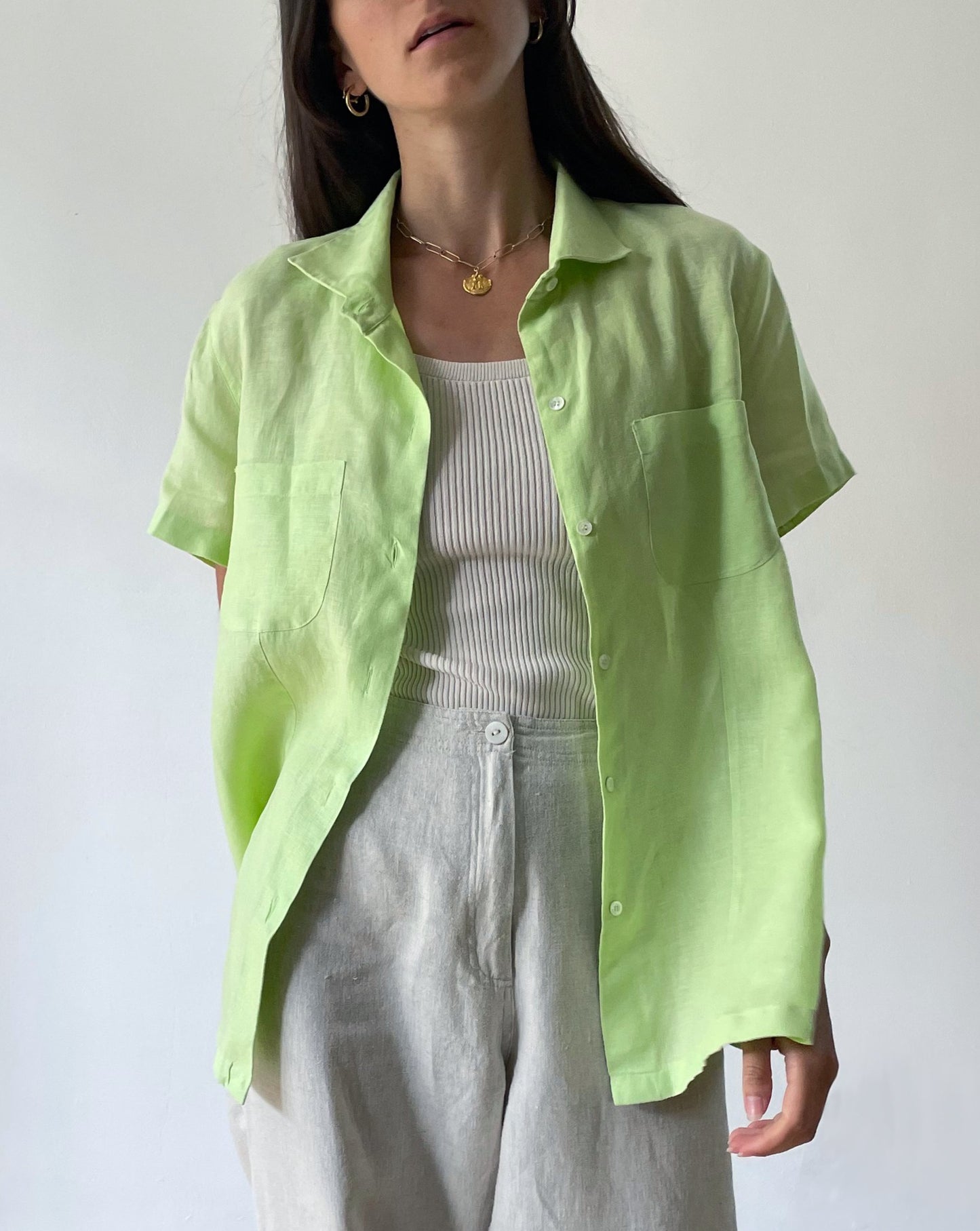 Vintage Green Linen Summer Shirt Size S-L