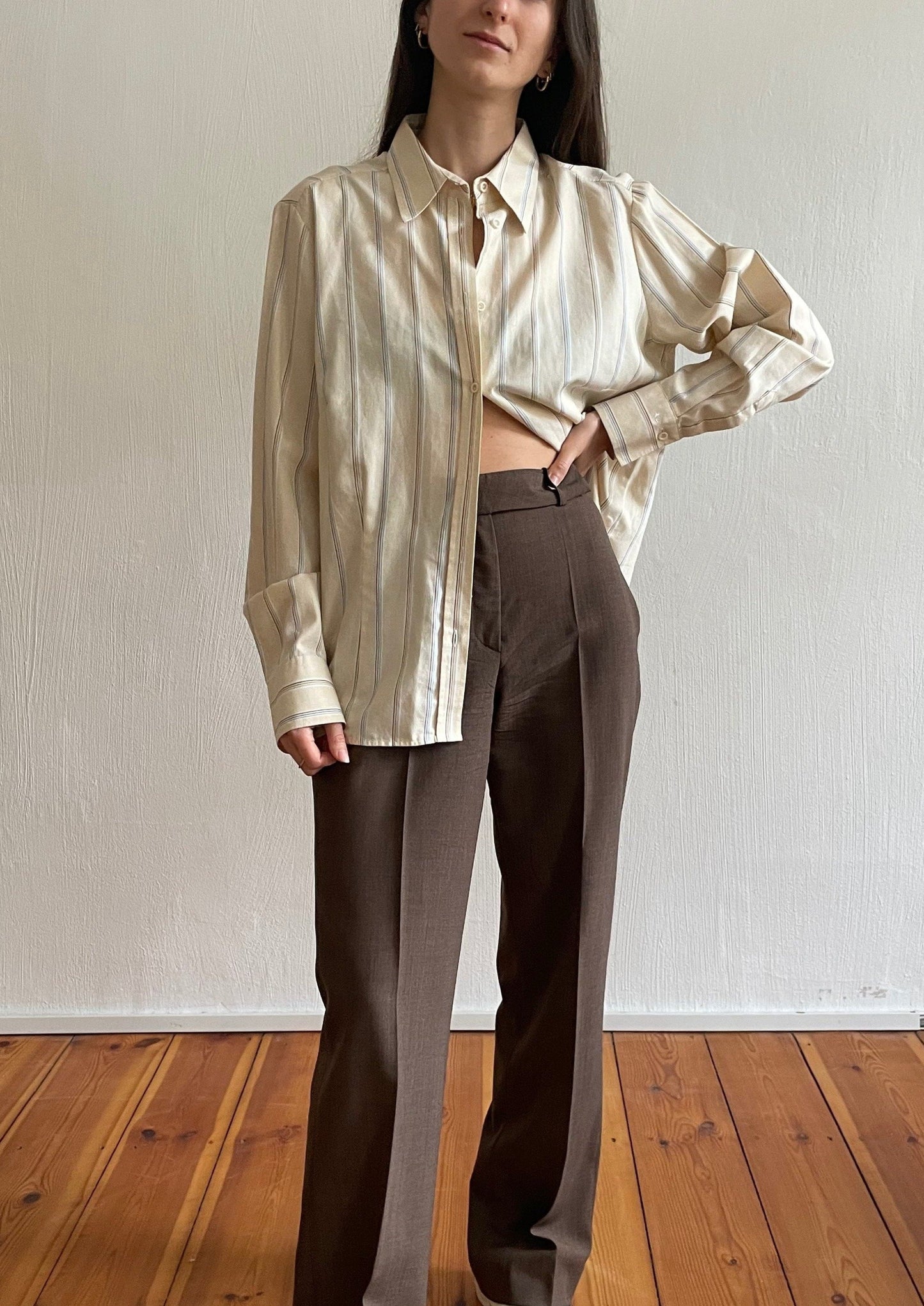 Vintage Neutral Yellow Tonal Striped 1990s Shirt Size 8-12