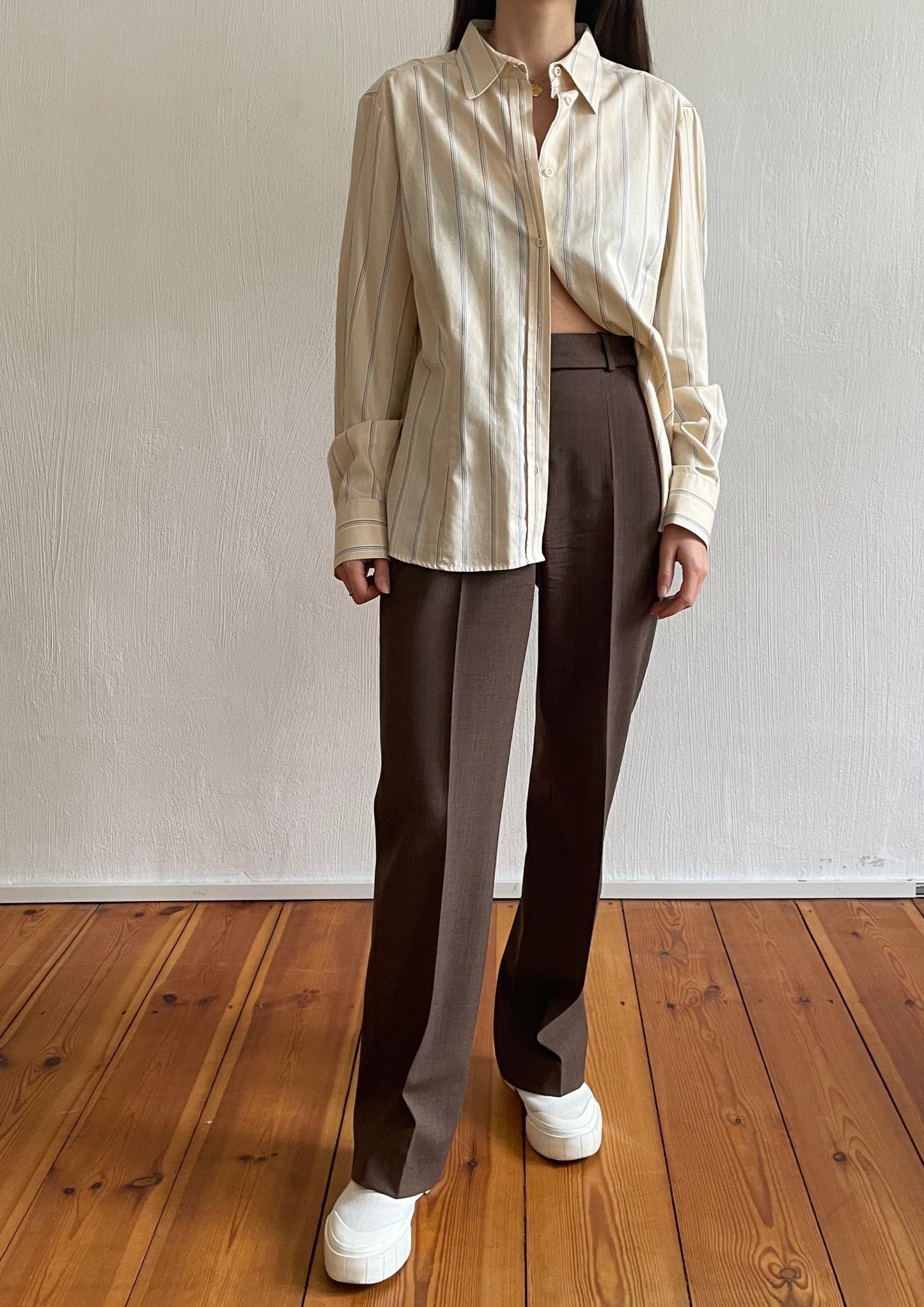 Vintage Neutral Yellow Tonal Striped 1990s Shirt Size 8-12