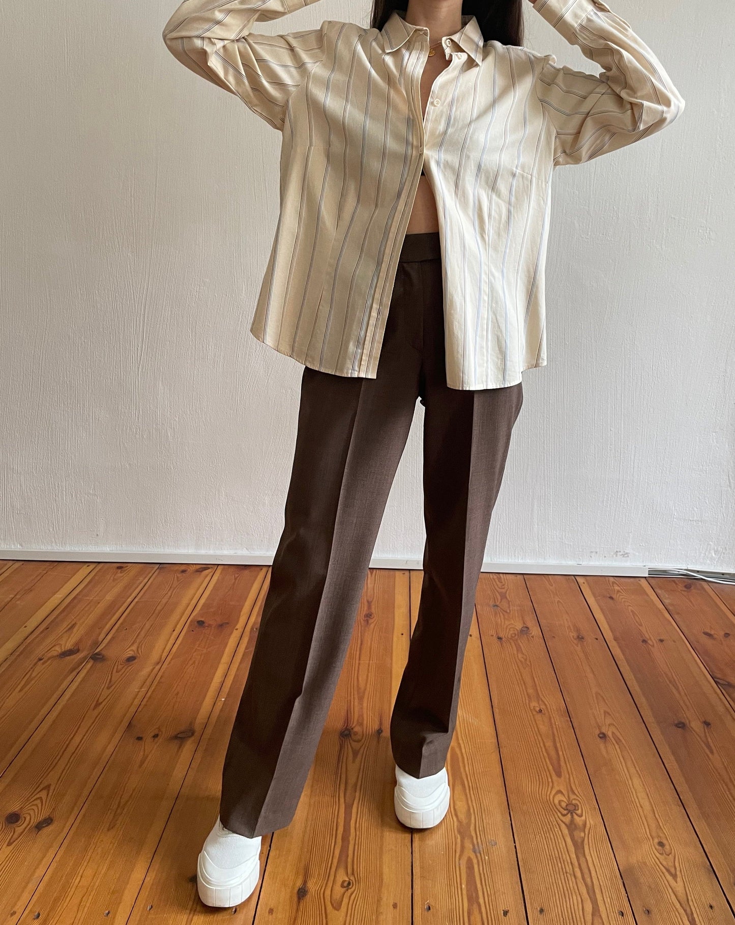 Vintage Neutral Yellow Tonal Striped 1990s Shirt Size 8-12