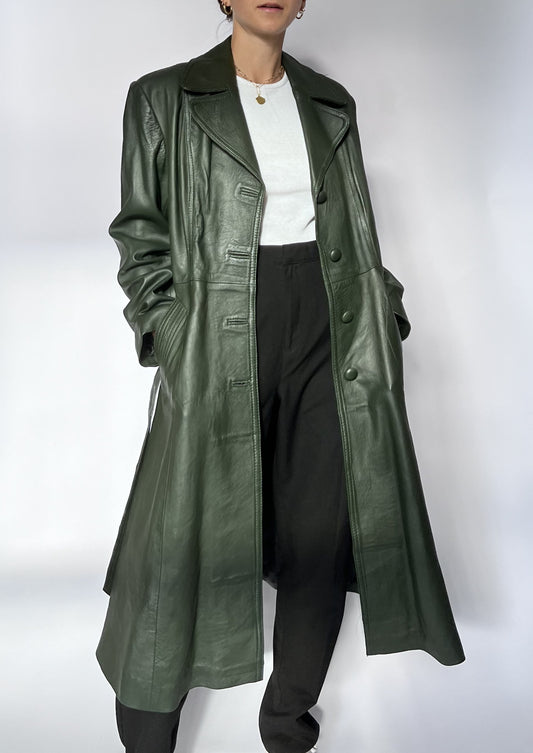 70s Dark Green Leather Trench Coat S/M