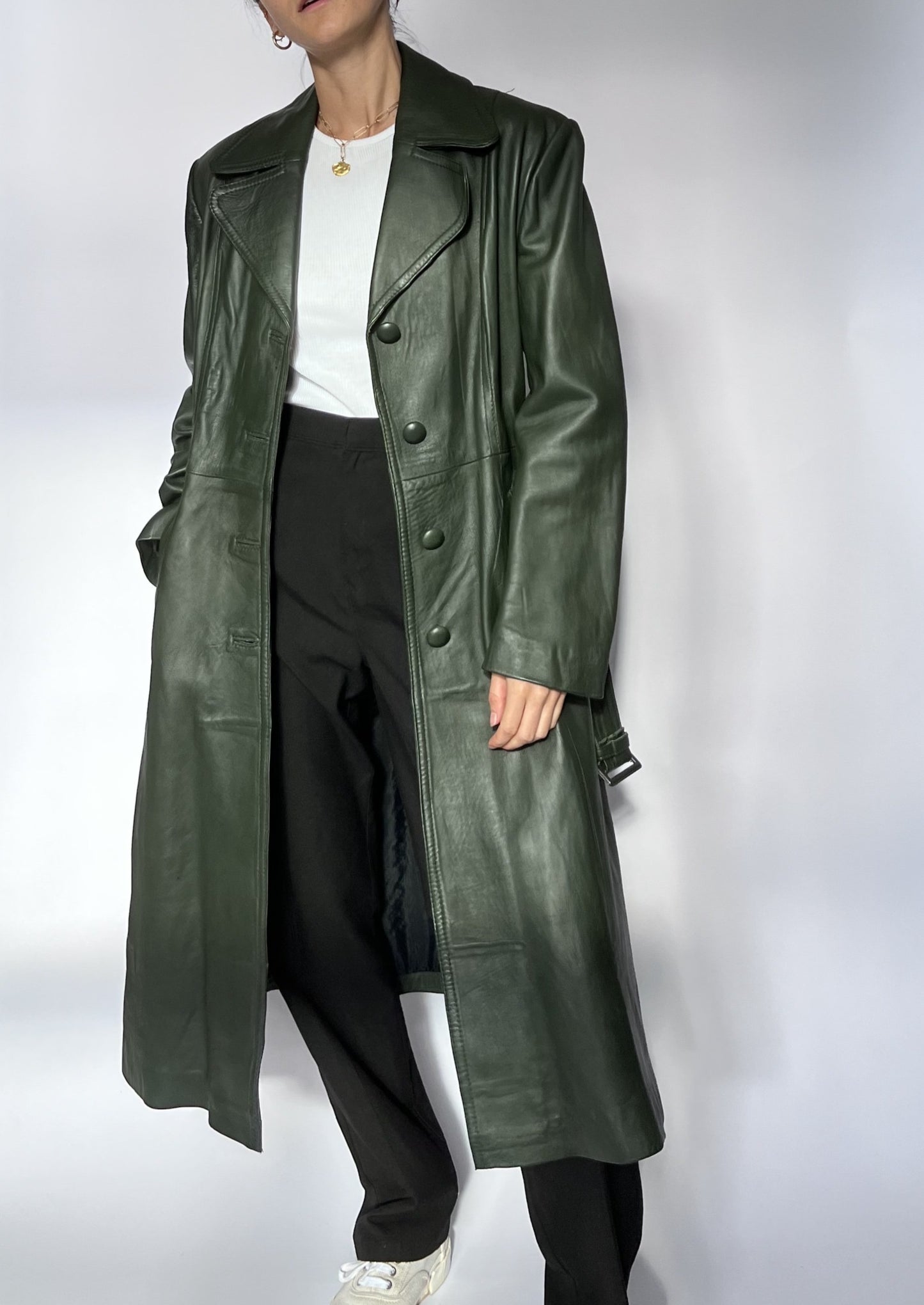 70s Dark Green Leather Trench Coat S/M