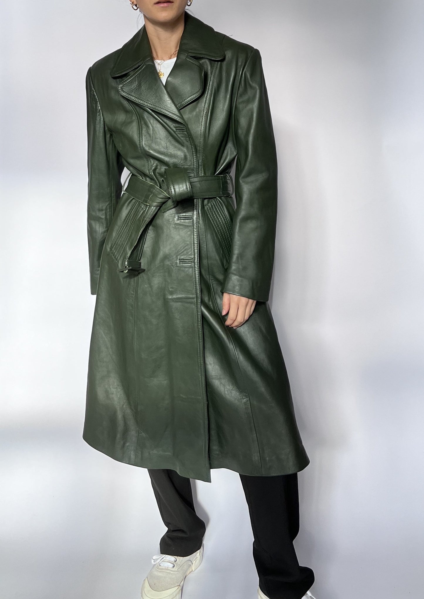 70s Dark Green Leather Trench Coat S/M