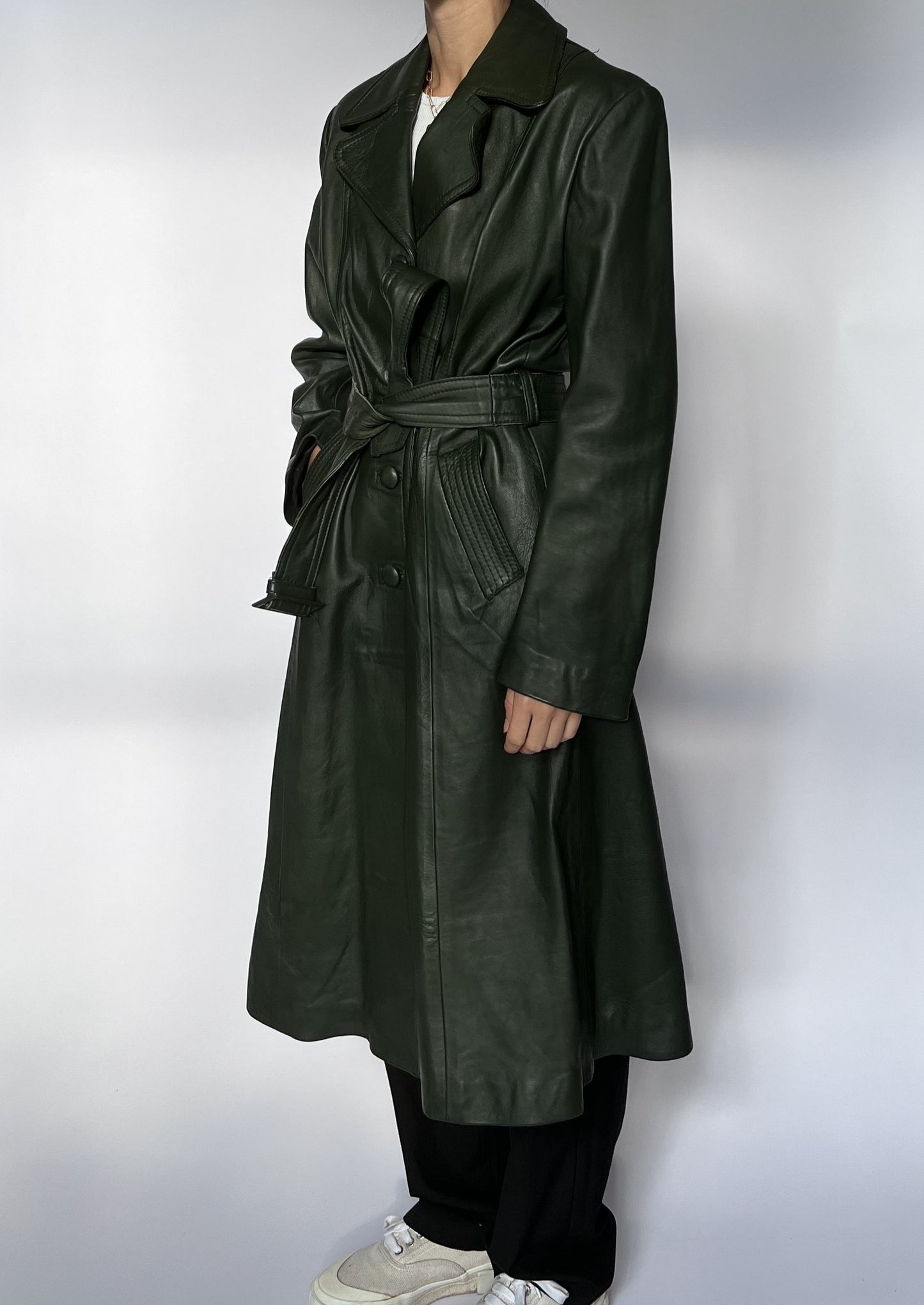 70s Dark Green Leather Trench Coat S/M