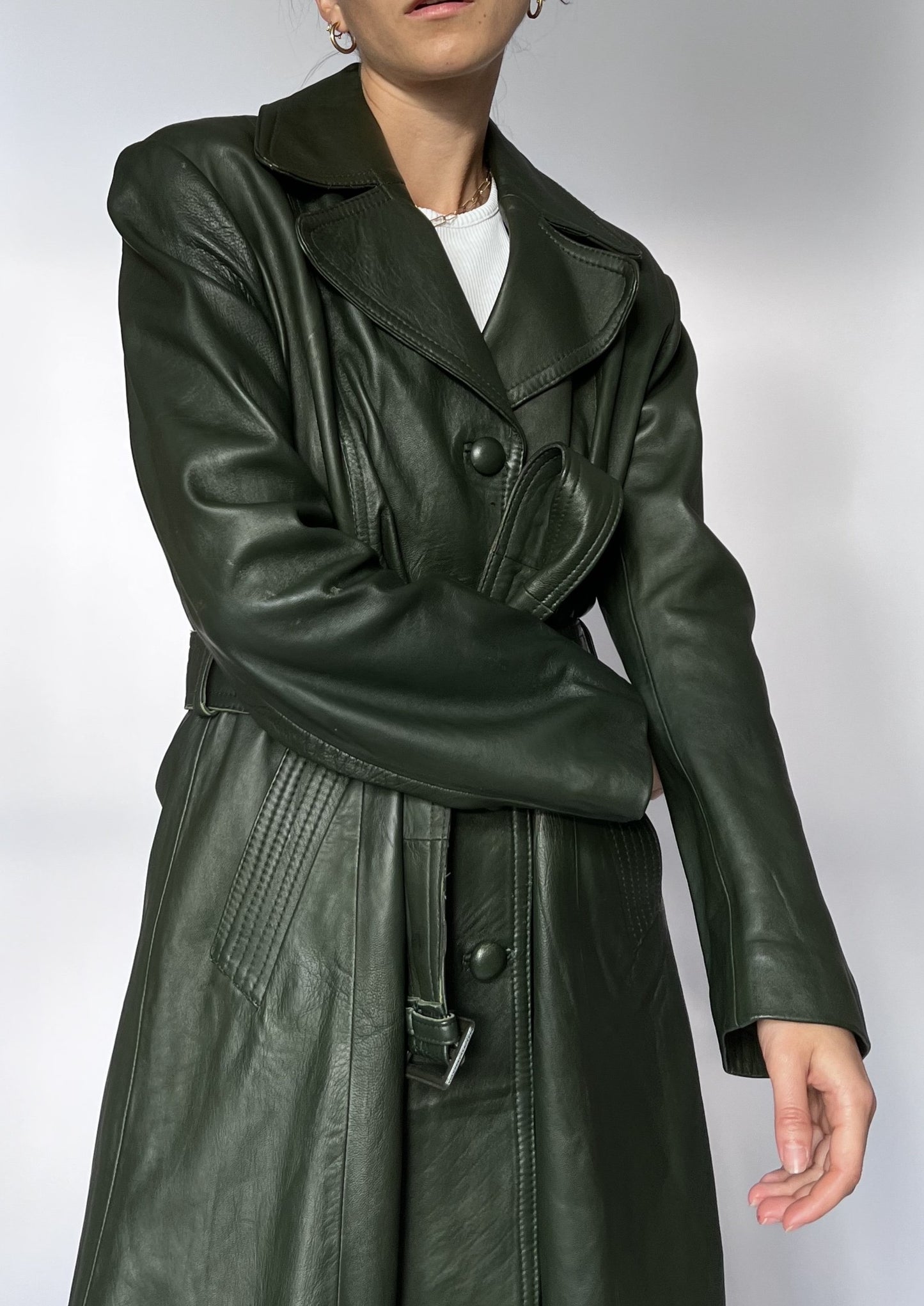 70s Dark Green Leather Trench Coat S/M