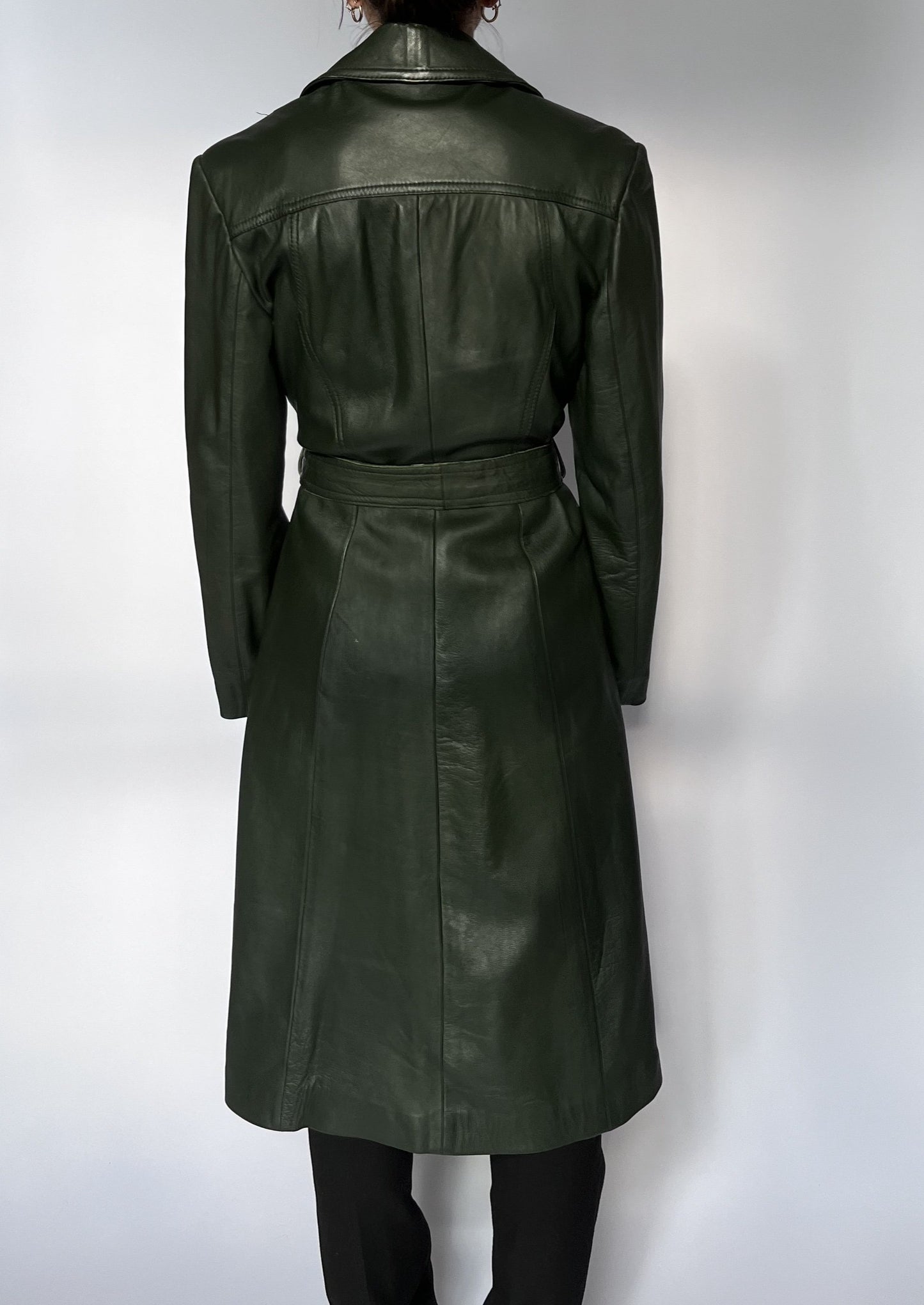 70s Dark Green Leather Trench Coat S/M