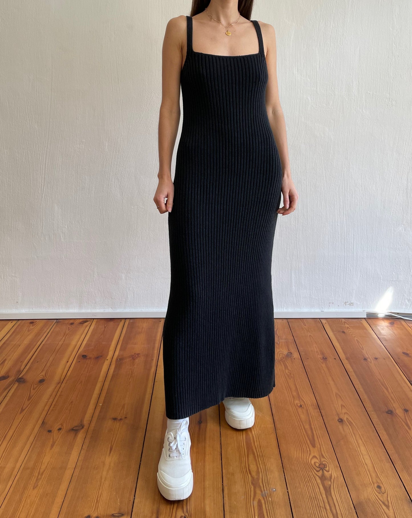 Black Chunky Rib Knitted Maxi Midi Slip Dress Size XS-S