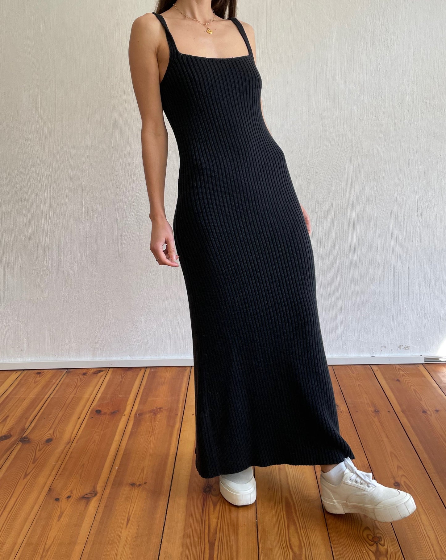 Black Chunky Rib Knitted Maxi Midi Slip Dress Size XS-S