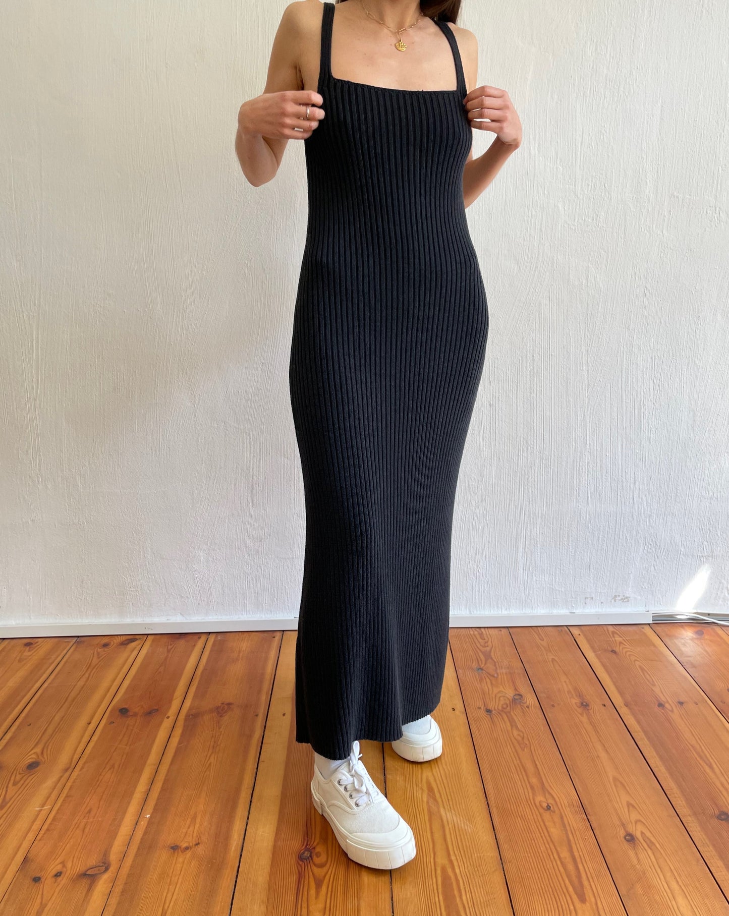 Black Chunky Rib Knitted Maxi Midi Slip Dress Size XS-S