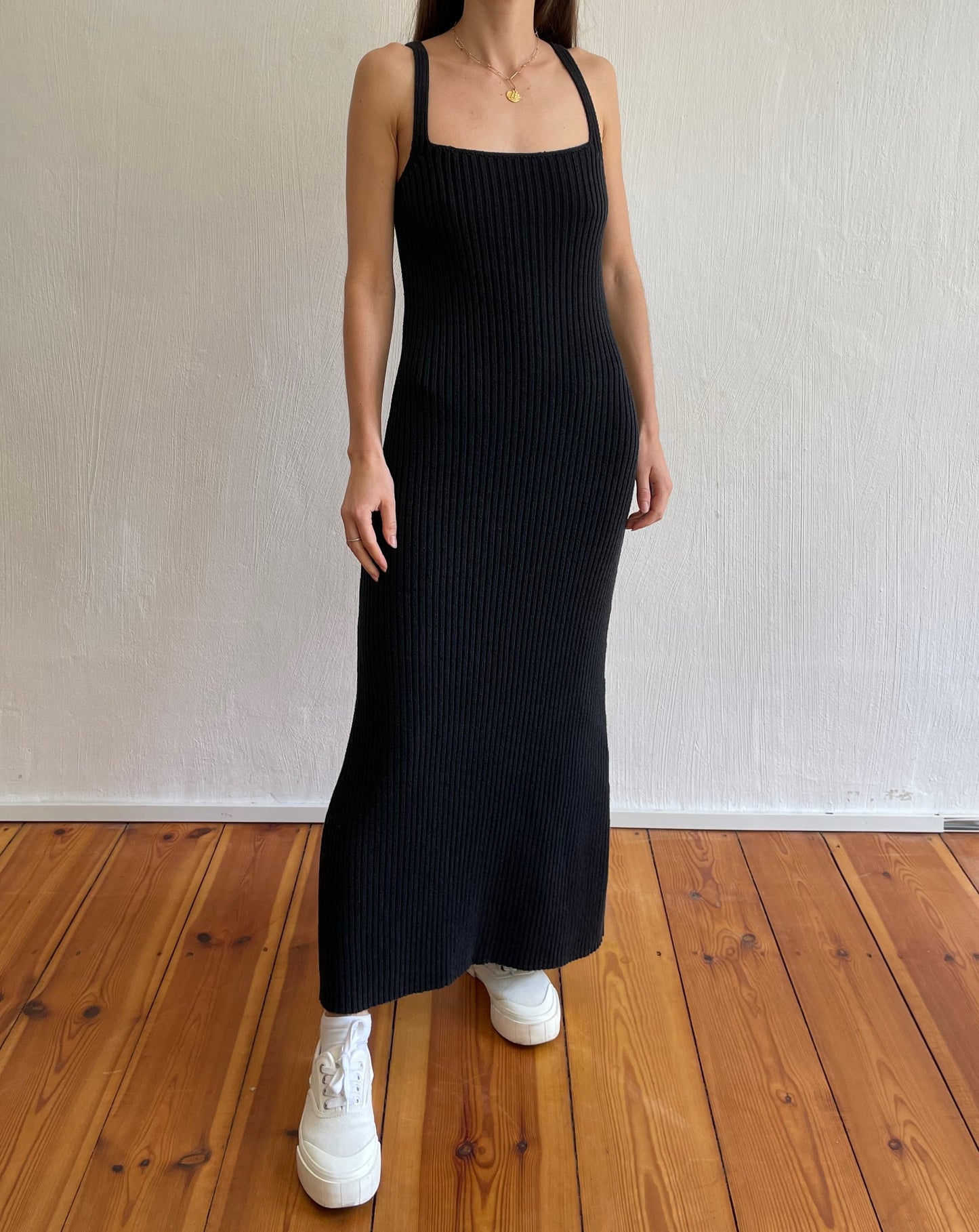 Black Chunky Rib Knitted Maxi Midi Slip Dress Size XS-S