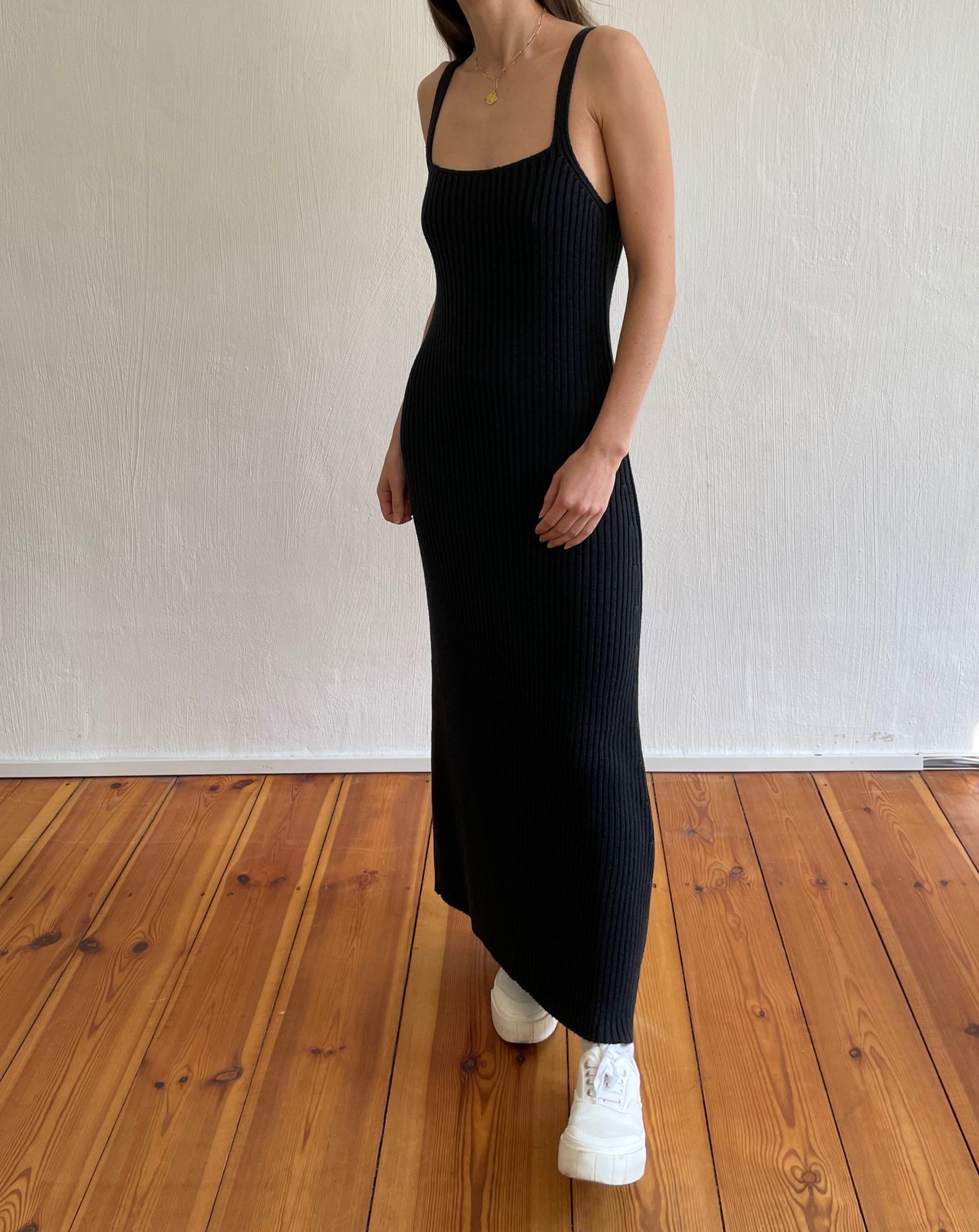 Black Chunky Rib Knitted Maxi Midi Slip Dress Size XS-S