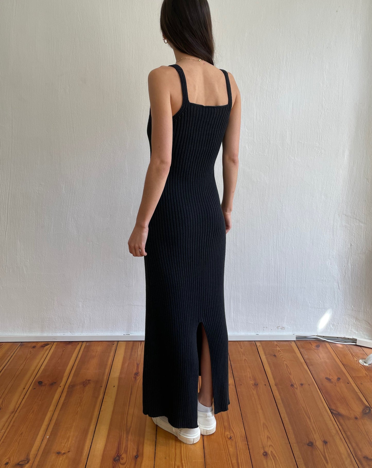 Black Chunky Rib Knitted Maxi Midi Slip Dress Size XS-S