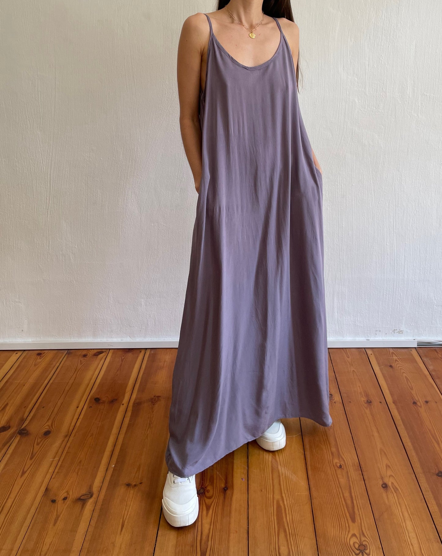 Vintage Lilac Mauve Maxi Slip Dress with Pockets Size S-M