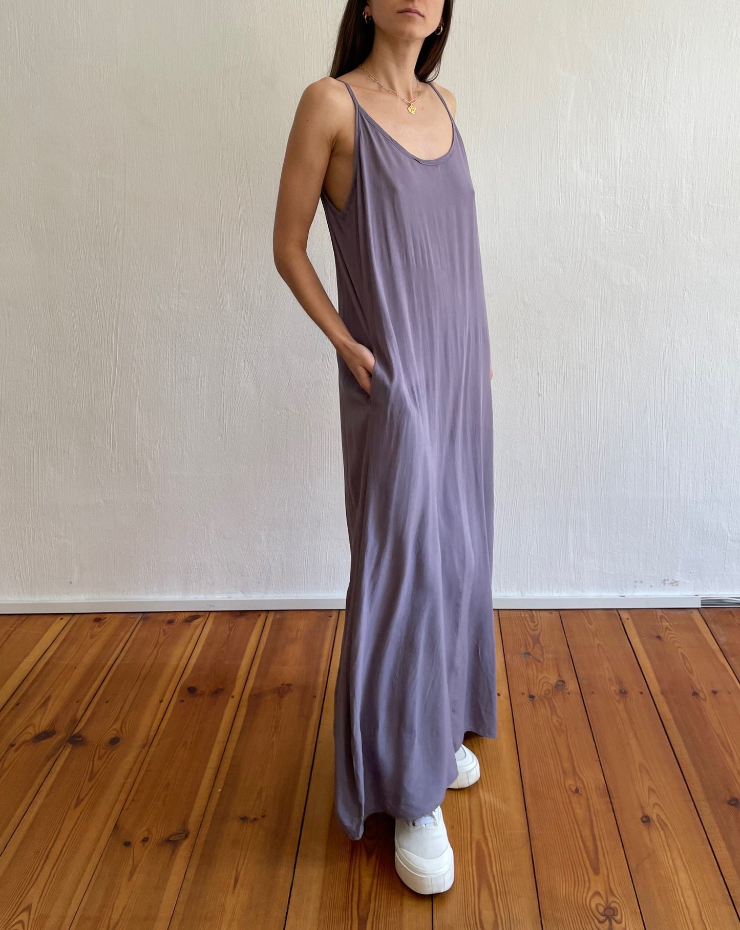 Vintage Lilac Mauve Maxi Slip Dress with Pockets Size S-M