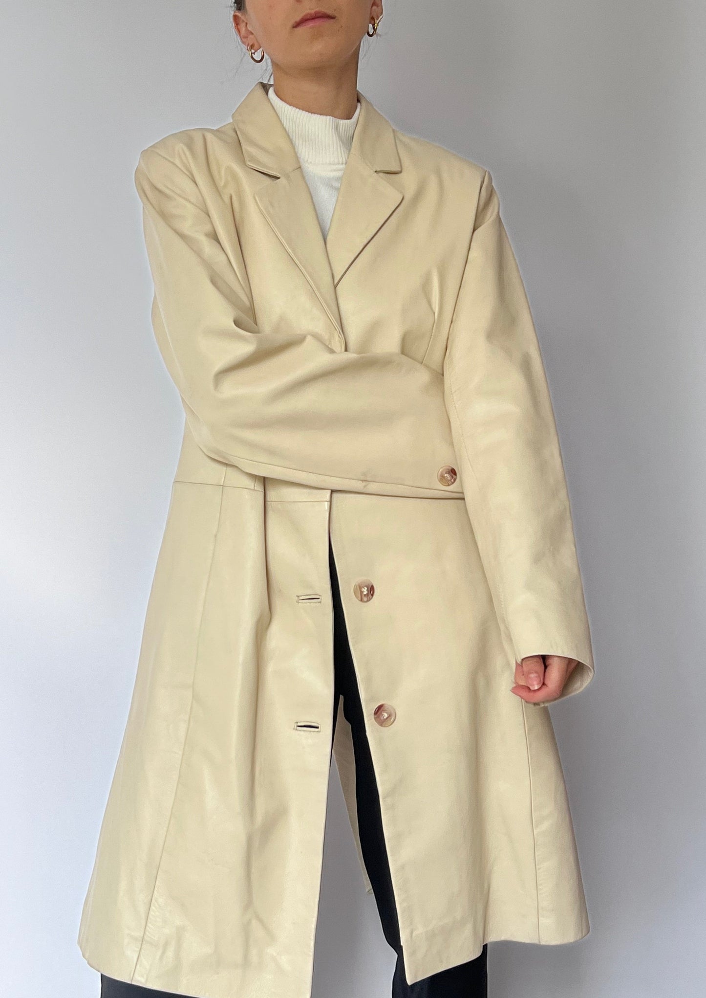 Cream Leather Coat M