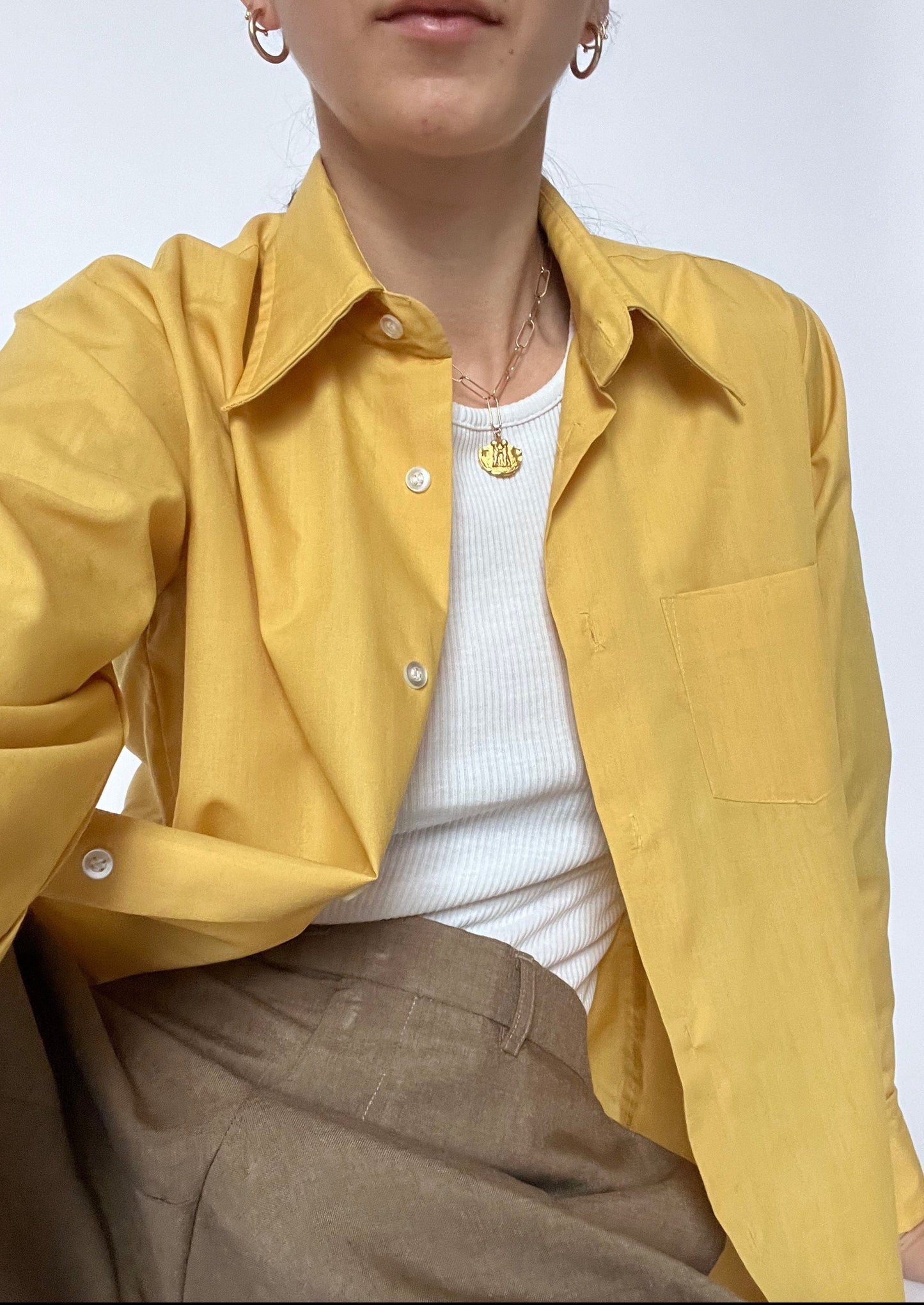 70s Yellow Dagger Collar Shirt S/M