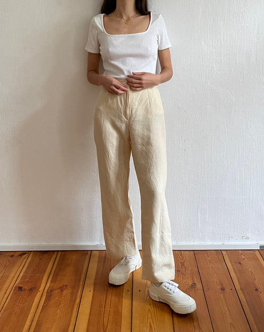 Vintage Beige Neutral Linen Wide Leg Trousers Size S Waist 27.5"