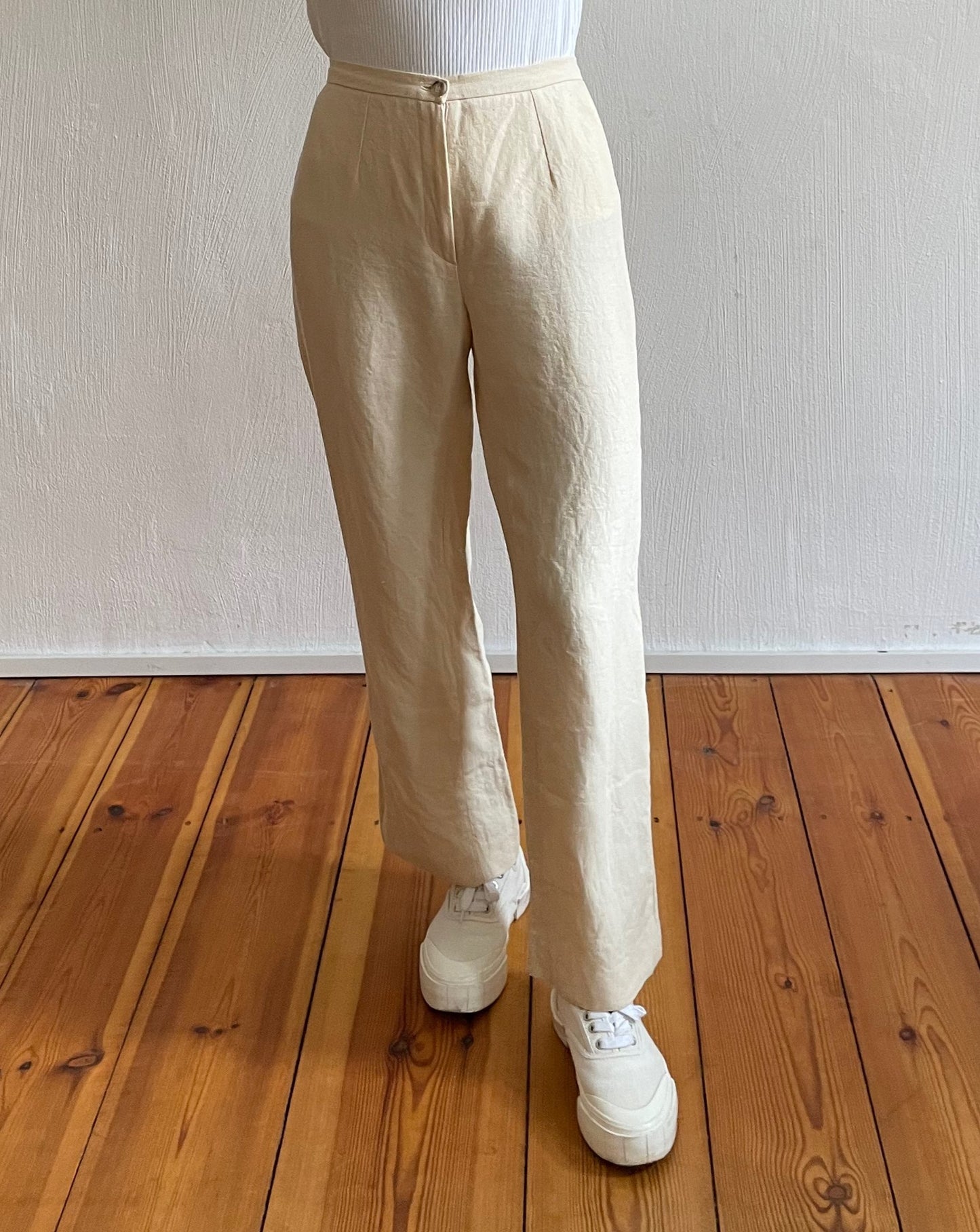 Vintage Beige Neutral Linen Wide Leg Trousers Size S Waist 27.5"