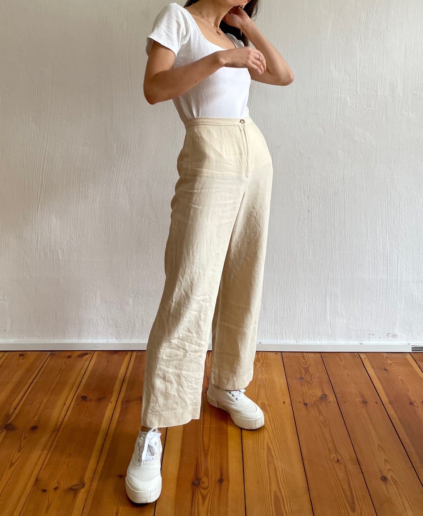 Vintage Beige Neutral Linen Wide Leg Trousers Size S Waist 27.5"