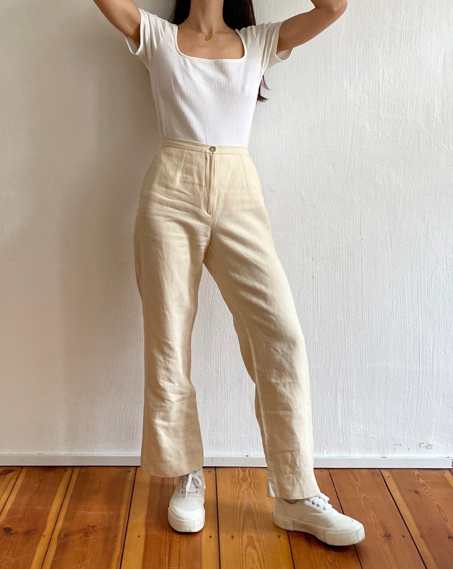 Vintage Beige Neutral Linen Wide Leg Trousers Size S Waist 27.5"