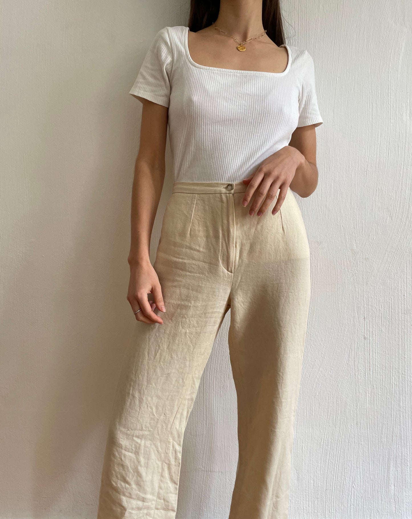 Vintage Beige Neutral Linen Wide Leg Trousers Size S Waist 27.5"