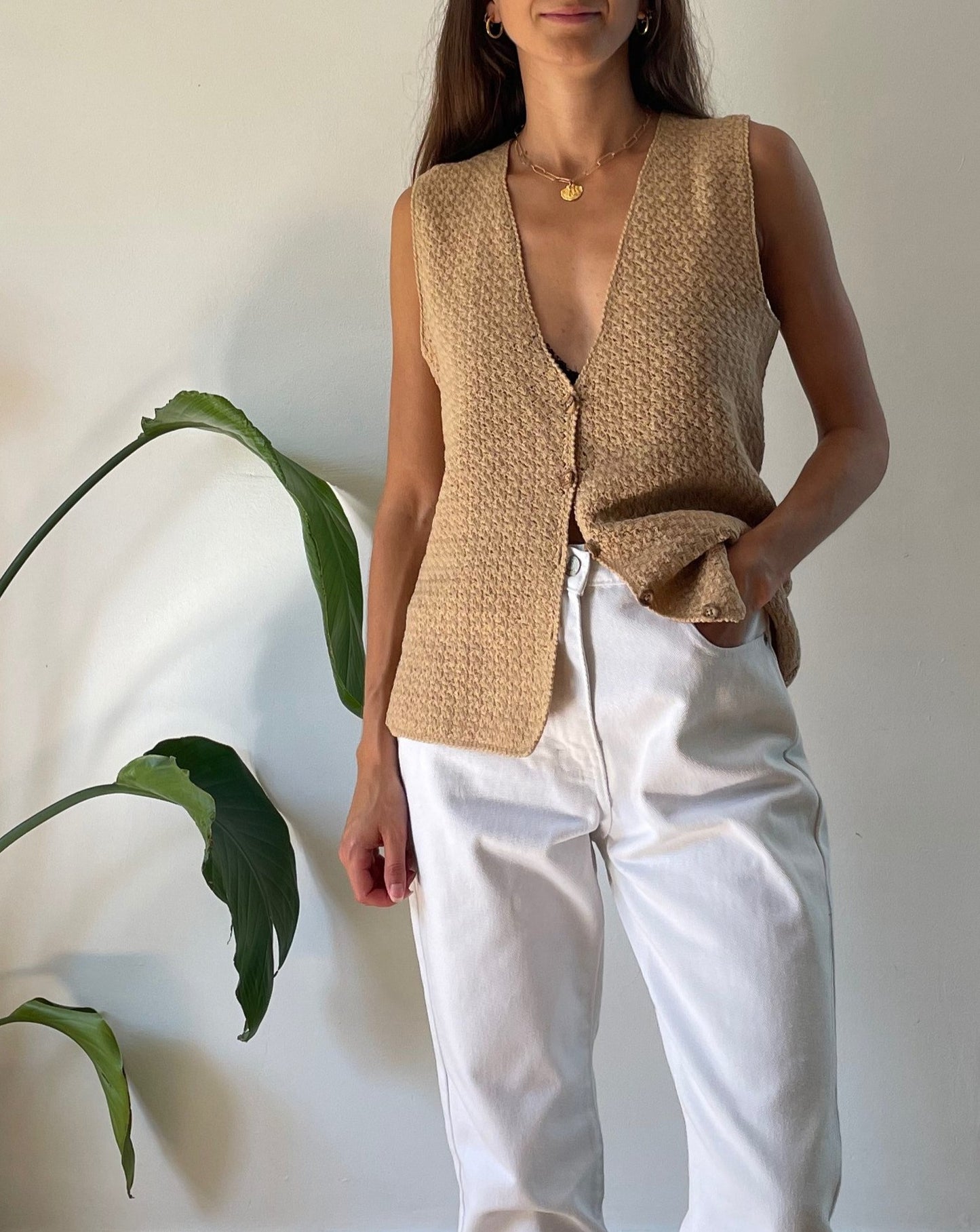 Vintage Textured Sleeveless Knitted Cardigan Size S