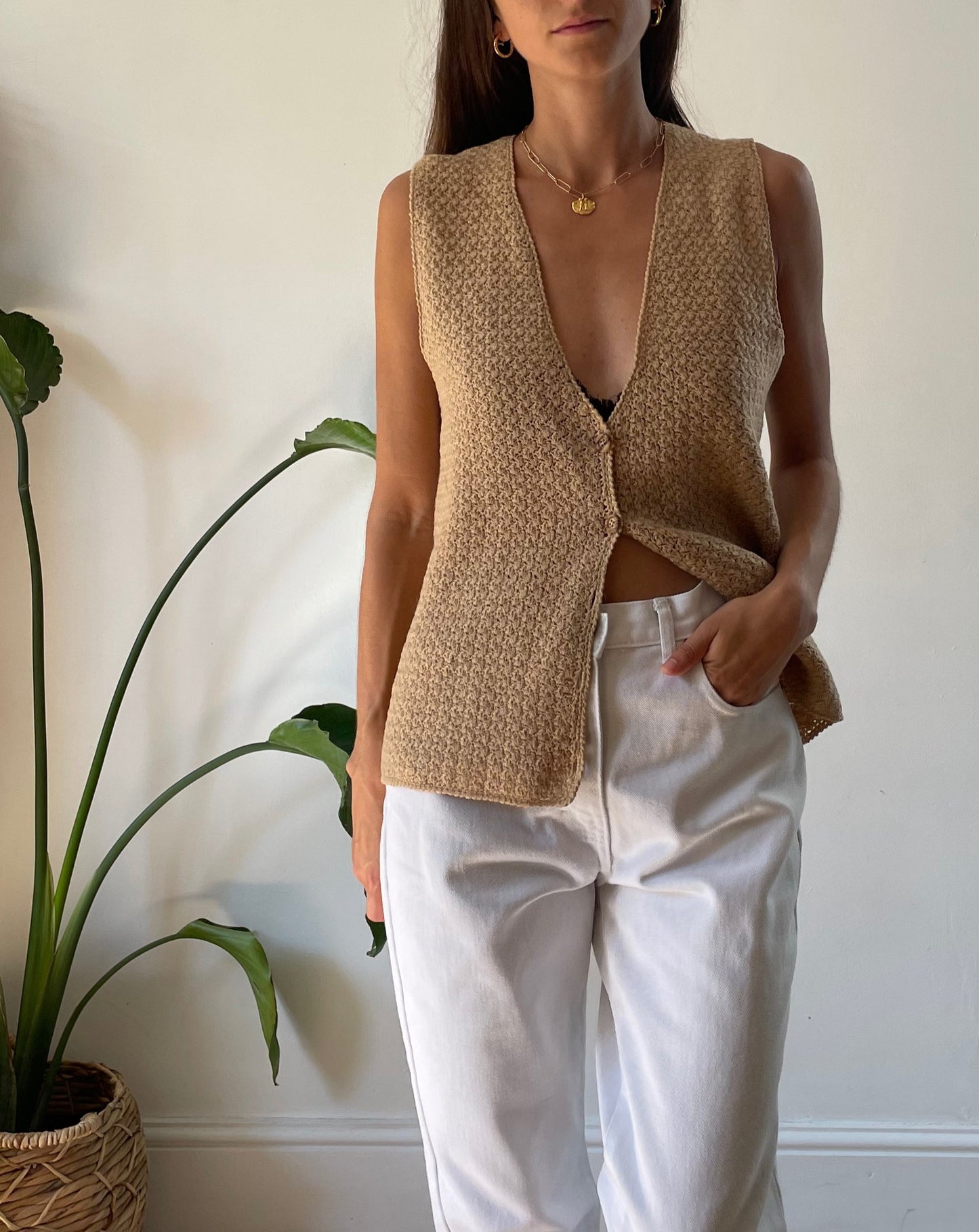 Vintage Textured Sleeveless Knitted Cardigan Size S