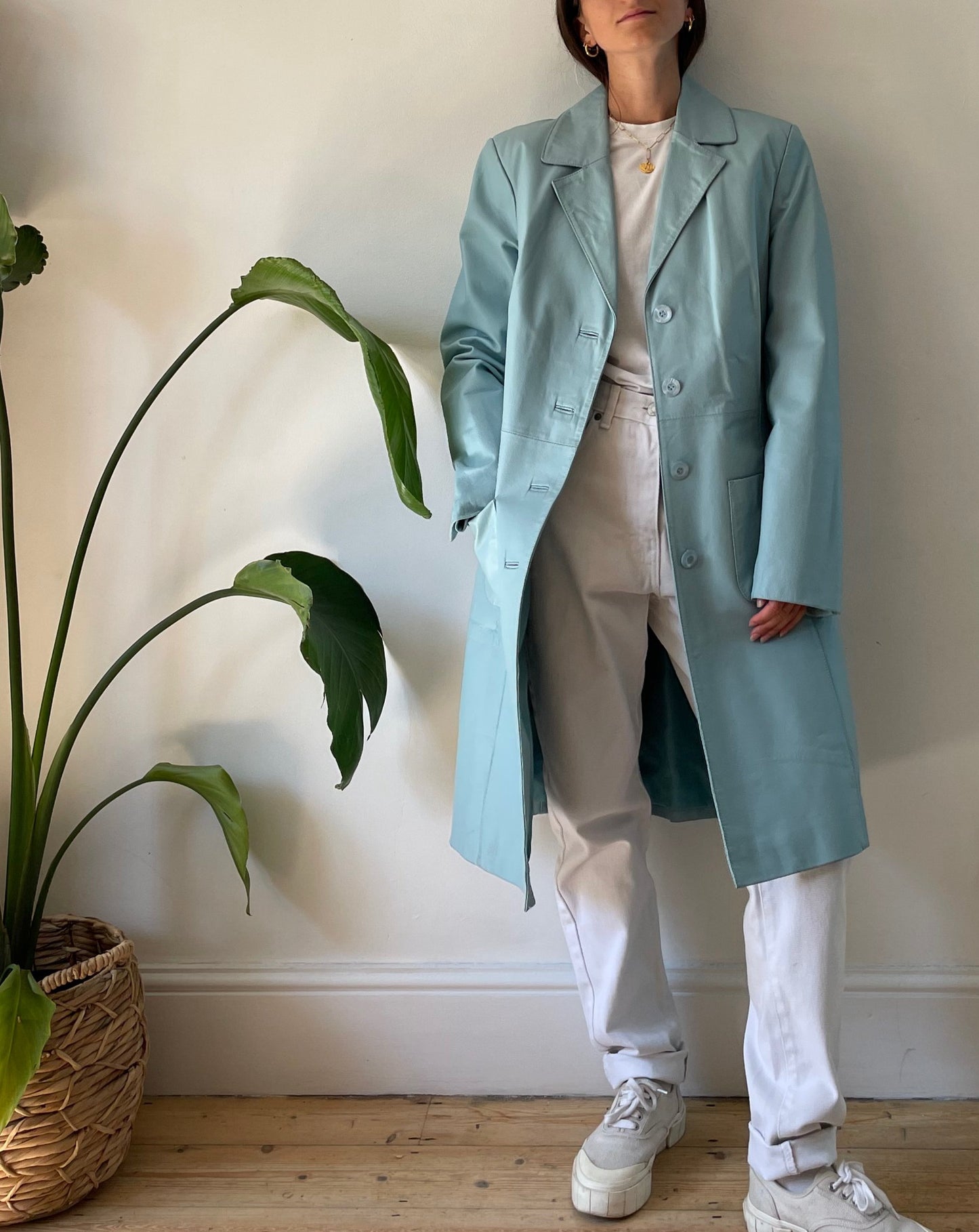 Vintage Light Blue 1990s Leather Trench Coat Size M