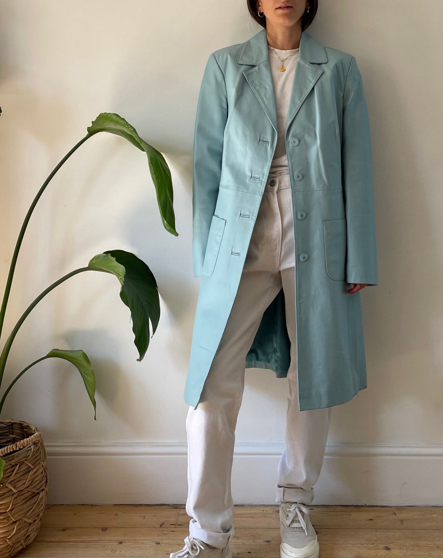 Vintage Light Blue 1990s Leather Trench Coat Size M