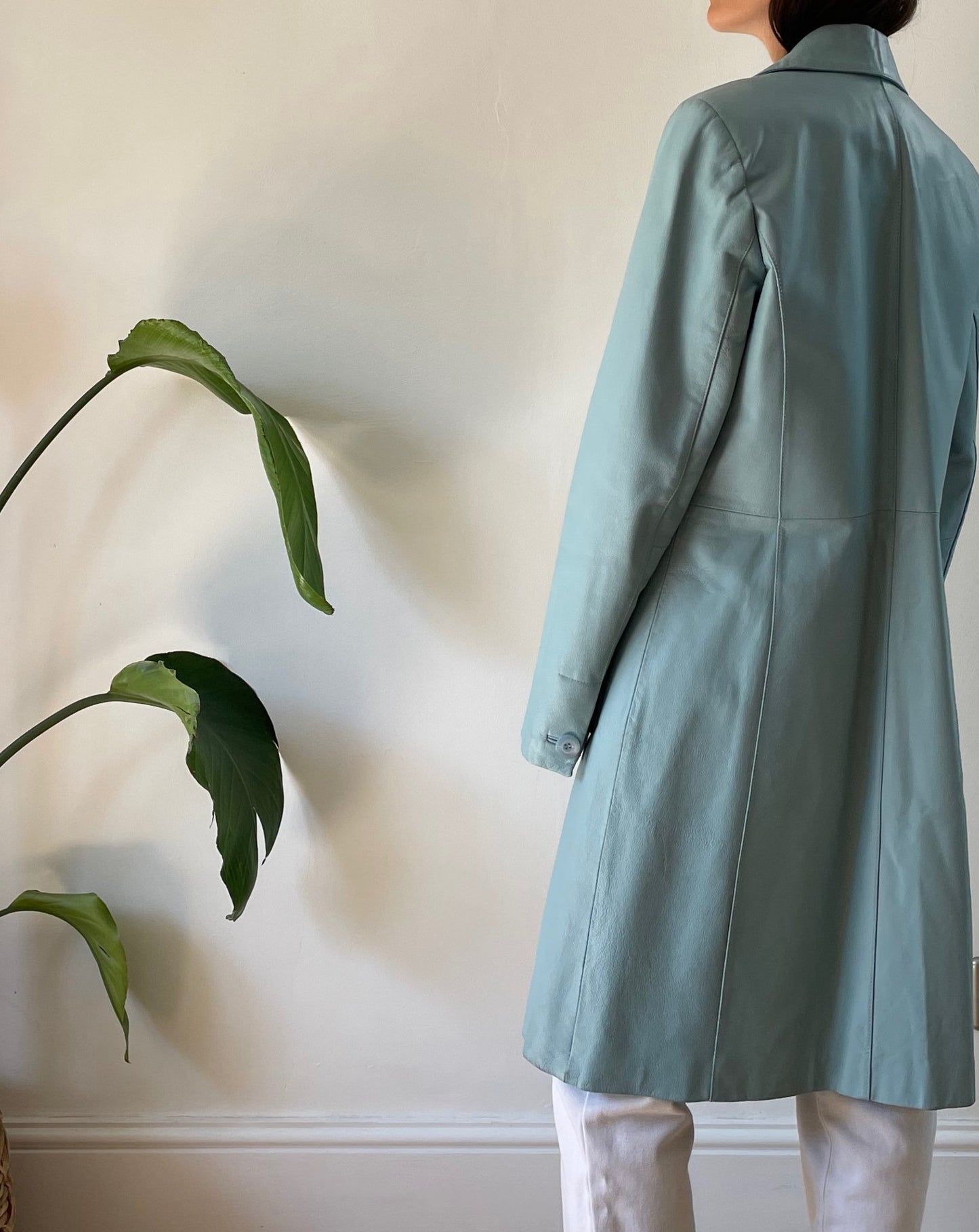 Vintage Light Blue 1990s Leather Trench Coat Size M