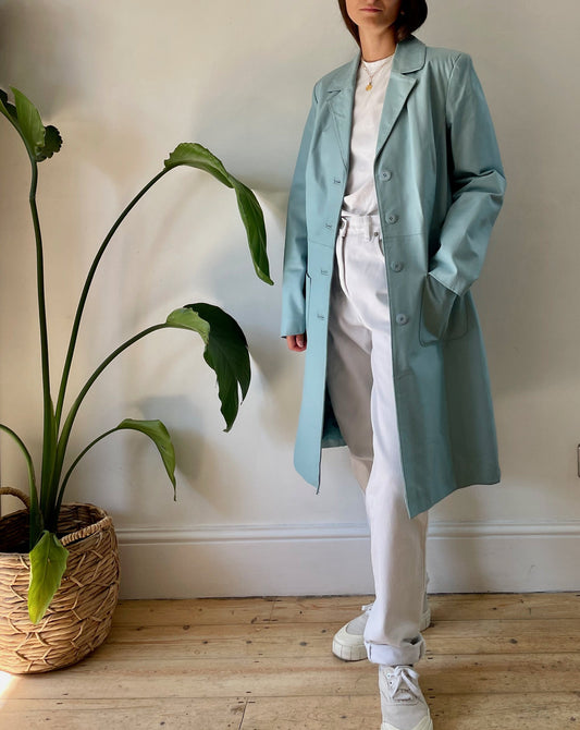 Vintage Light Blue 1990s Leather Trench Coat Size M