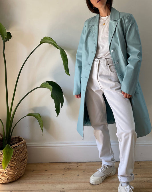 Vintage Light Blue 1990s Leather Trench Coat Size M