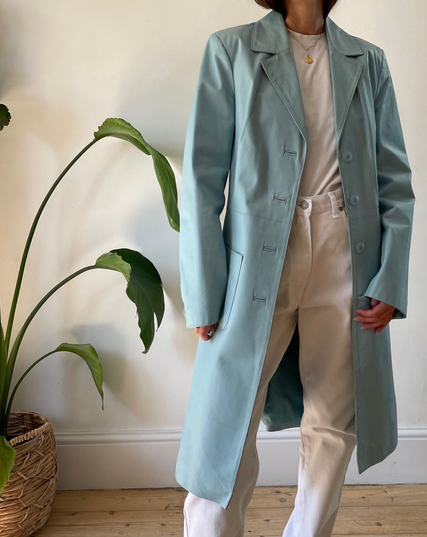 Vintage Light Blue 1990s Leather Trench Coat Size M