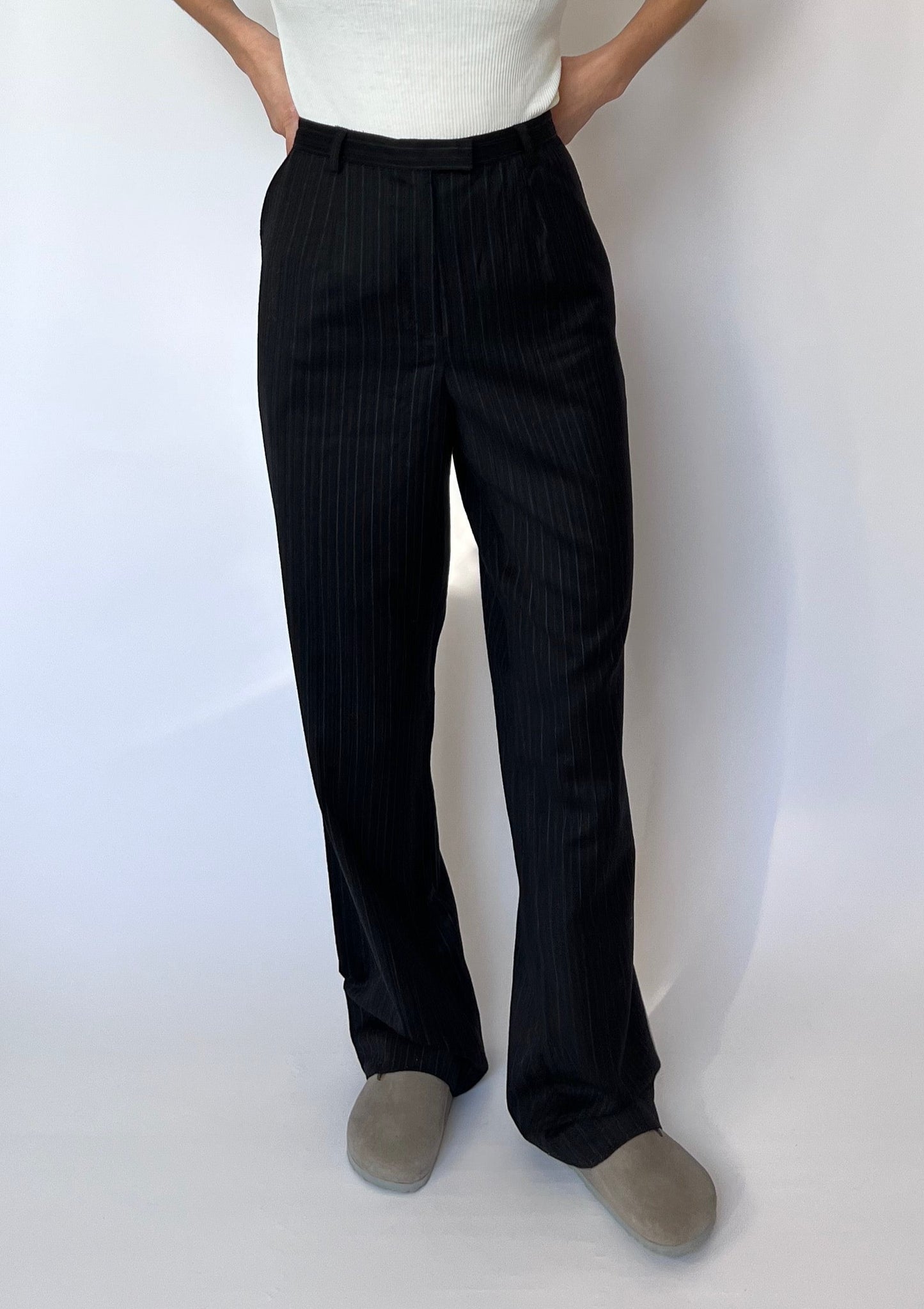 90s Pinstripe Wide Leg Wool Trousers W'29" UK 12