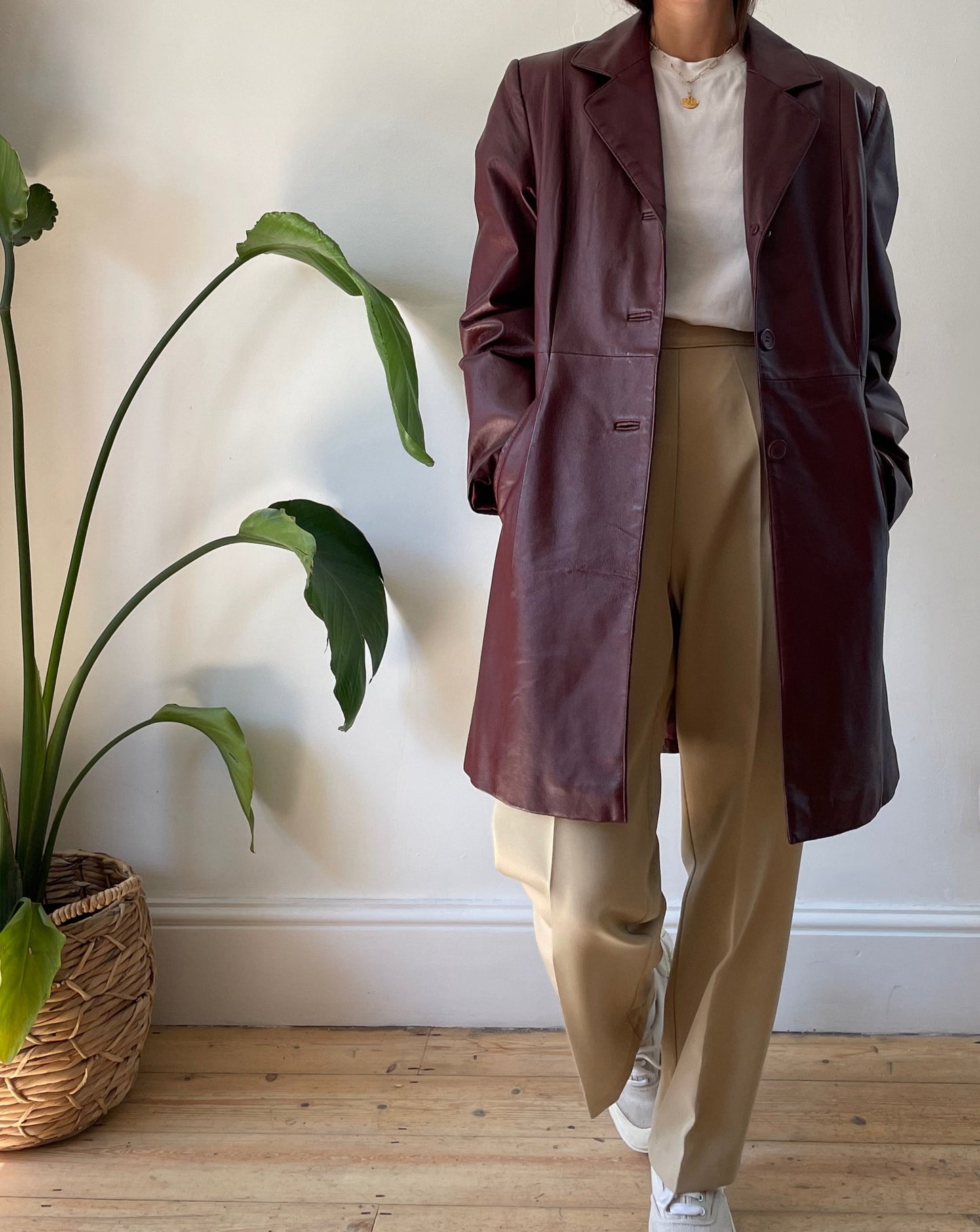 Vintage Burgundy 1990s Leather Trench Coat Size XS-S