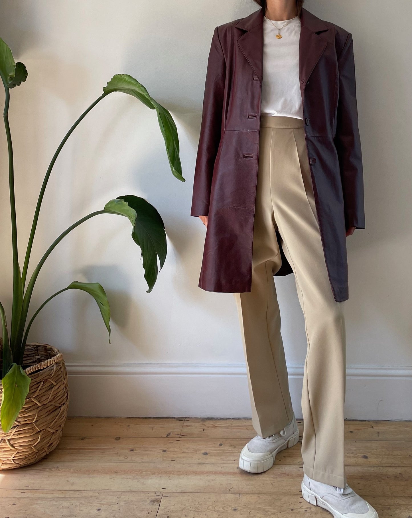 Vintage Burgundy 1990s Leather Trench Coat Size XS-S