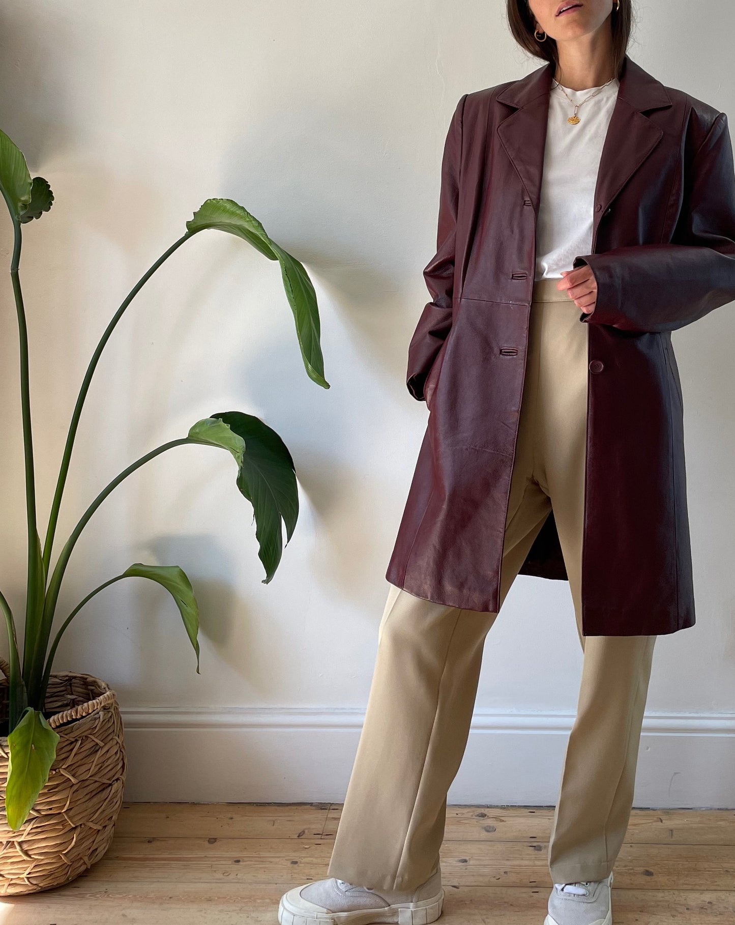 Vintage Burgundy 1990s Leather Trench Coat Size XS-S