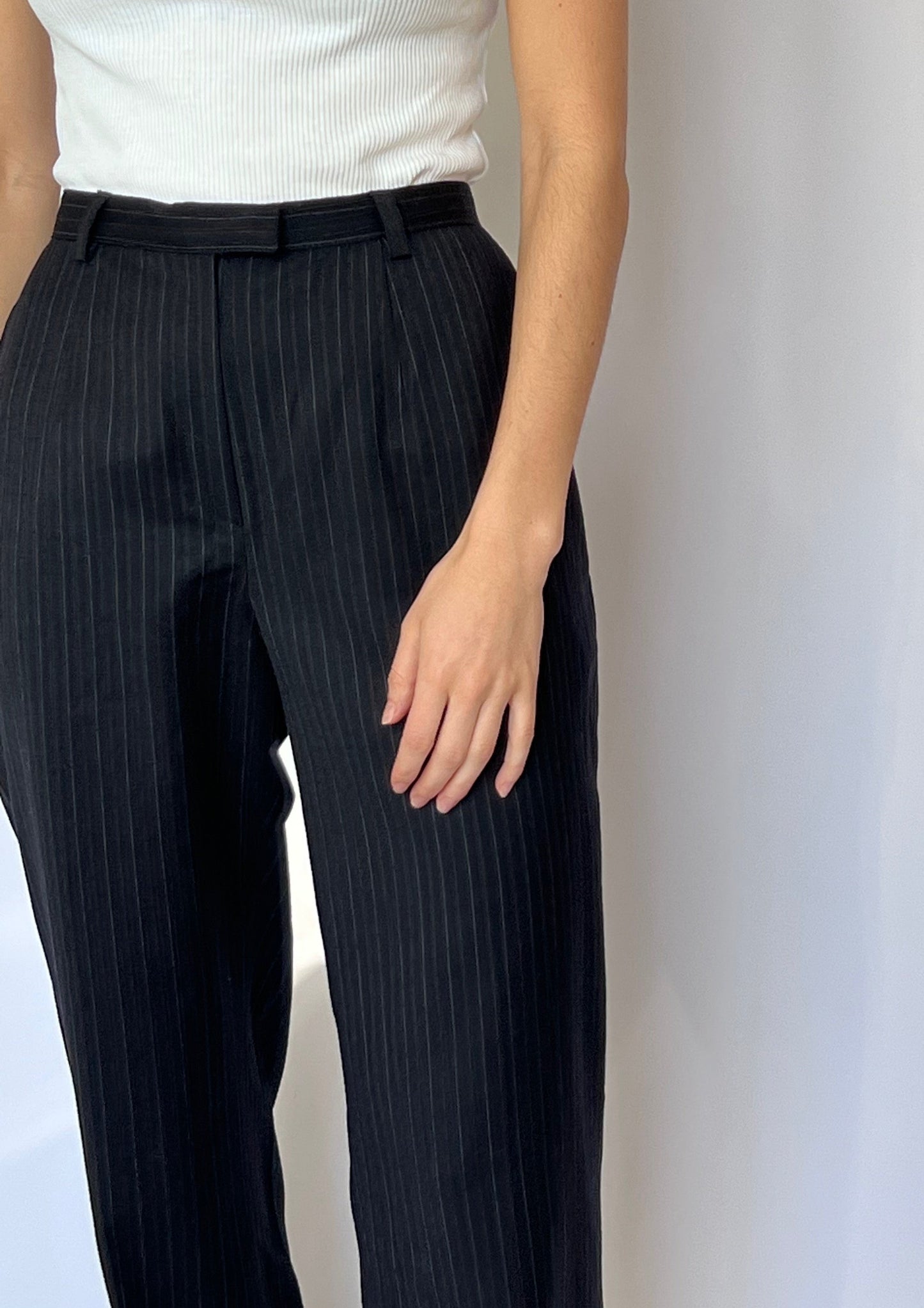 90s Pinstripe Wide Leg Wool Trousers W'29" UK 12